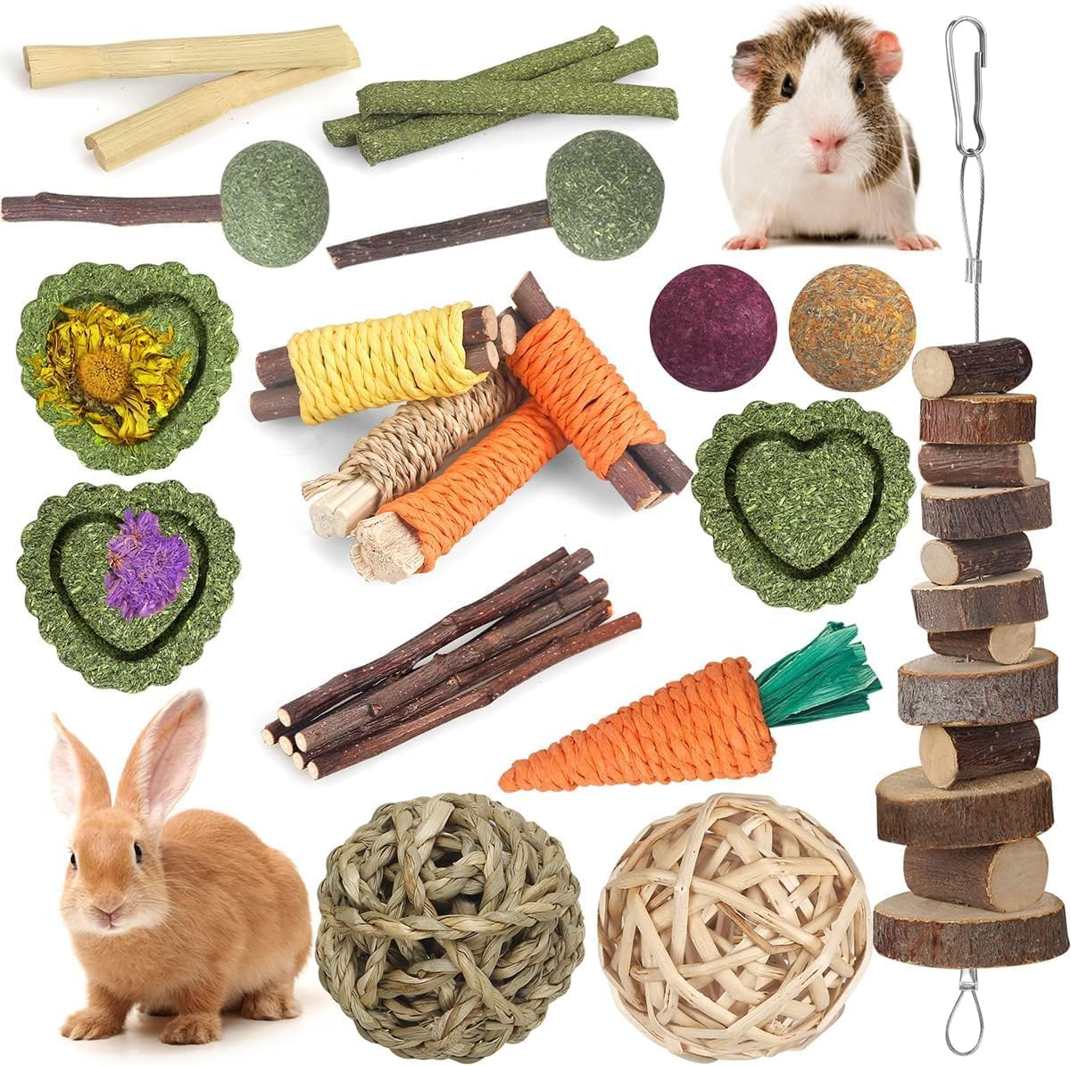 Rabbit Toys Guinea Pig Toys Hamster Toys Bunny Toys 18Pcs Natural Timothy Hay Sticks Apple Wood Sticks Chinchilla Toys for Teeth Care Handmade image number 1