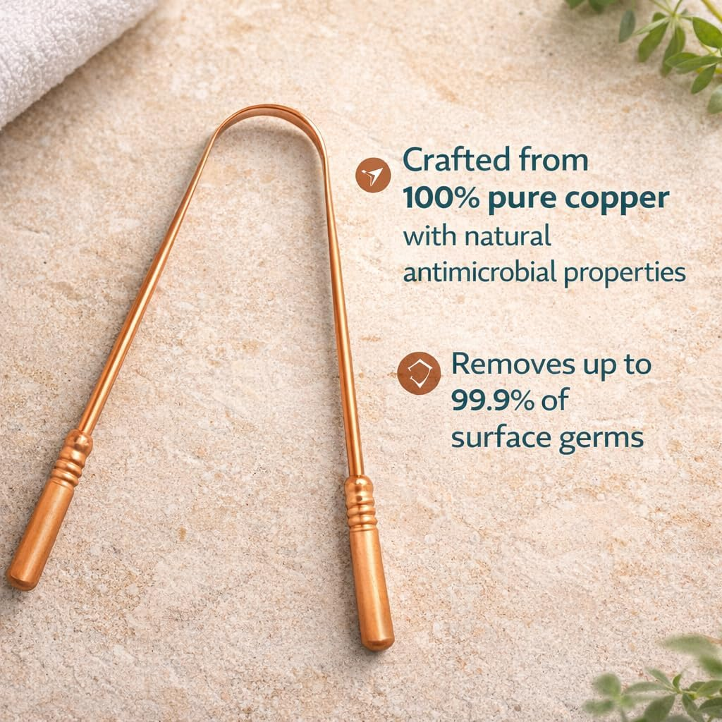 Copper Tongue Scraper Cleaner | Perfect Surgical Tongue Cleaner | Best Remedy for Bad Breath | Naturally Antimicrobial & Prevents Oral Health Diseases | Flexible Handle (Set of 2) image number 5