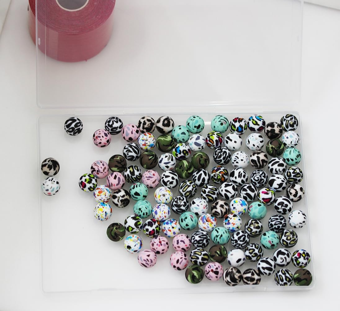 100 Pieces Silicone Beads, Betterjonny 10 Colors Loose Beads with Storage Box 15Mm Cow Leopard Print round Beads for Necklace Bracelet DIY Crafts image number 4