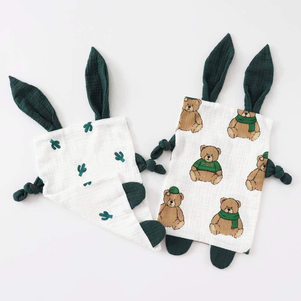 Bunny Security Blanket for Boys and Girls,Cotton Soft Breathable Muslin Soothing Towel Appeasing Toy for Infant and Toddler,2 Pcs Set(Bigbear&Cactus) - Strawberrypink image number 4
