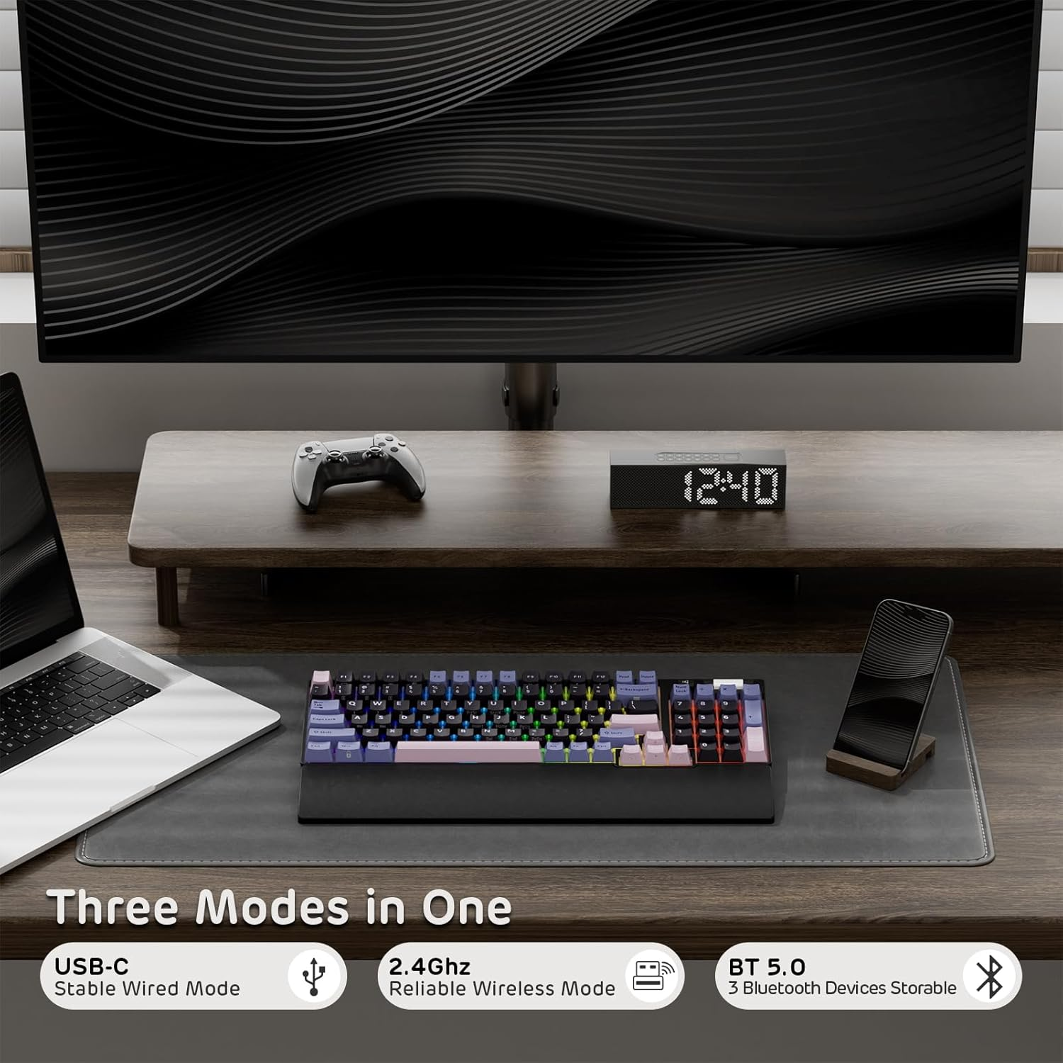 RK ROYAL KLUDGE RK96 RGB Limited Ed, 90% 96 Keys Wireless Triple Mode BT5.0/2.4G/USB-C Hot Swappable Mechanical Keyboard W/Wrist Rest, Software Support & Massive Battery, Tactile Pale Green Switches - Black  Pink image number 6