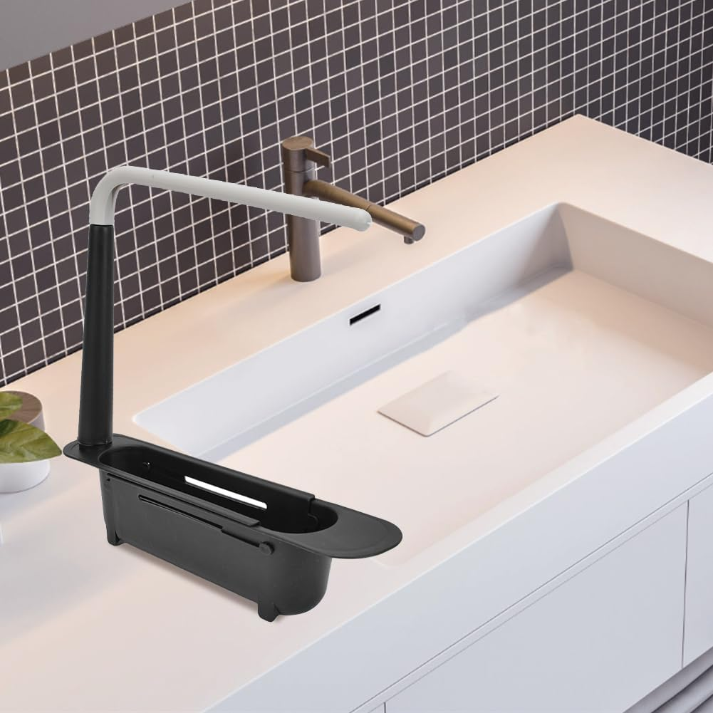 Telescopic Sink Storage Rack, Expandable Utility Farmhouse Accessories Sink Multifunctional Updated Adjustable Rollable Sponge Holder for Kitchen Dishes Cups Fruits(Black) image number 3