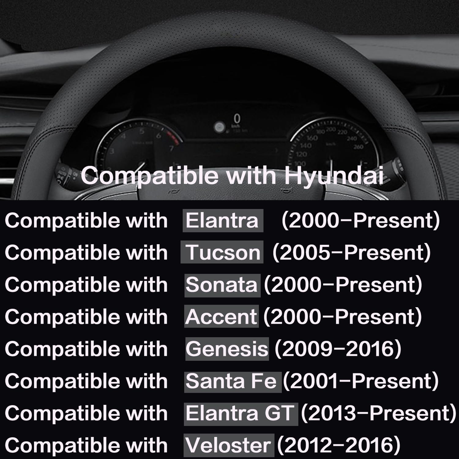 Car Steering Wheel Cover Compatible with Hyundai Elantra Tucson Sonata Santa Fe Elantra GT 14.5-15 Inches, Ultra-Thin Design Premium Nappa Leather (Black-A) - Black-A image number 4