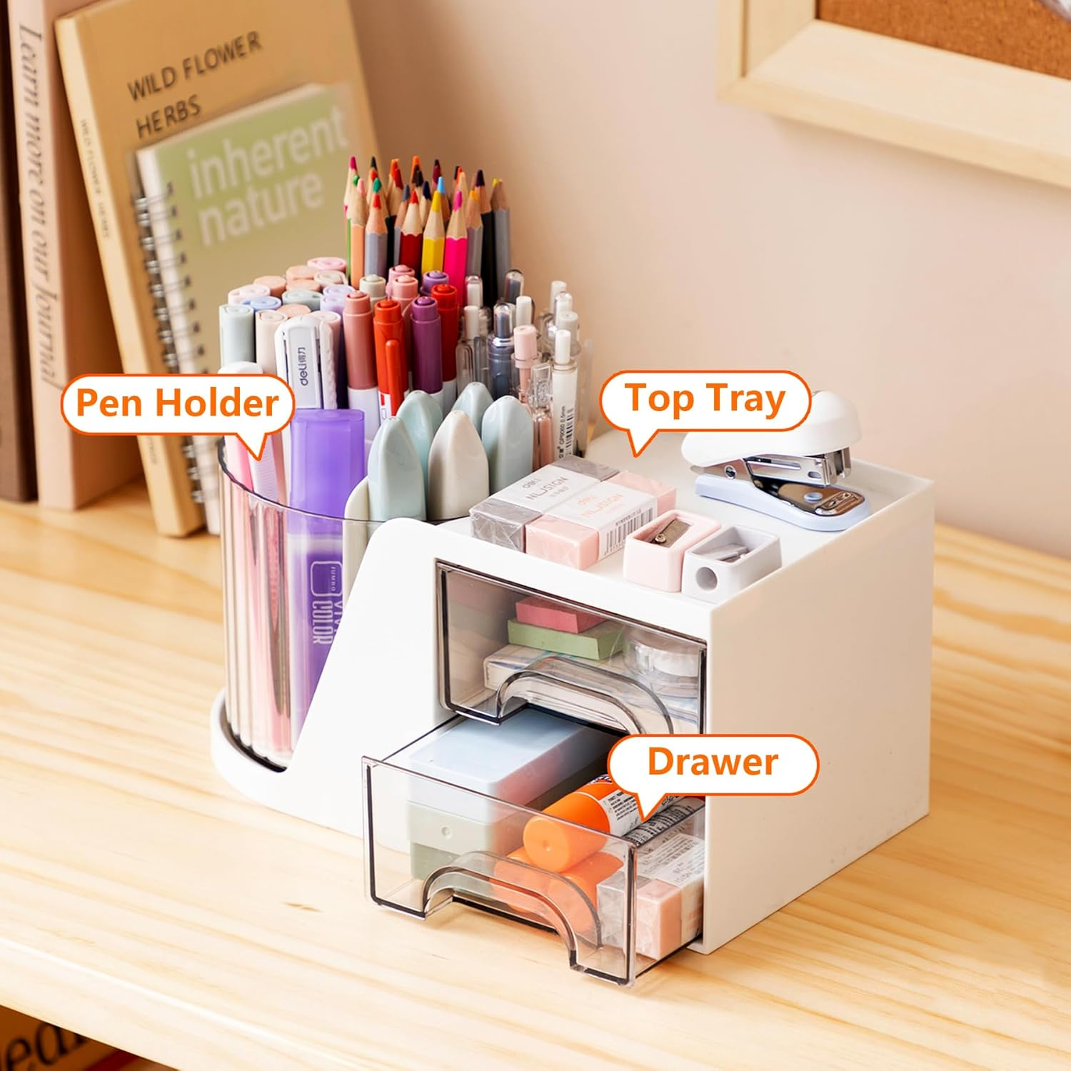 Desk Organizer, 360-Degree Rotating Pen Holder for Desk, Desk Organizers and Accessories with 6 Compartments Pencil Organizer, Art Supply Storage Box Caddy for Office, Home (White) - Cream image number 7