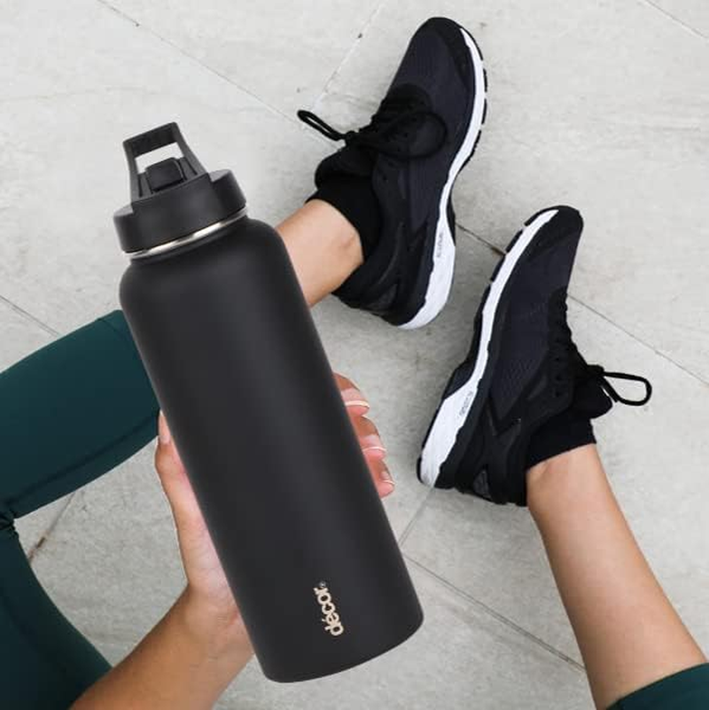 D&eacute;cor Flip Active Stainless Steel Water Bottle | Insulated Double Wall Bottle | 1.1L - Black - Black image number 2