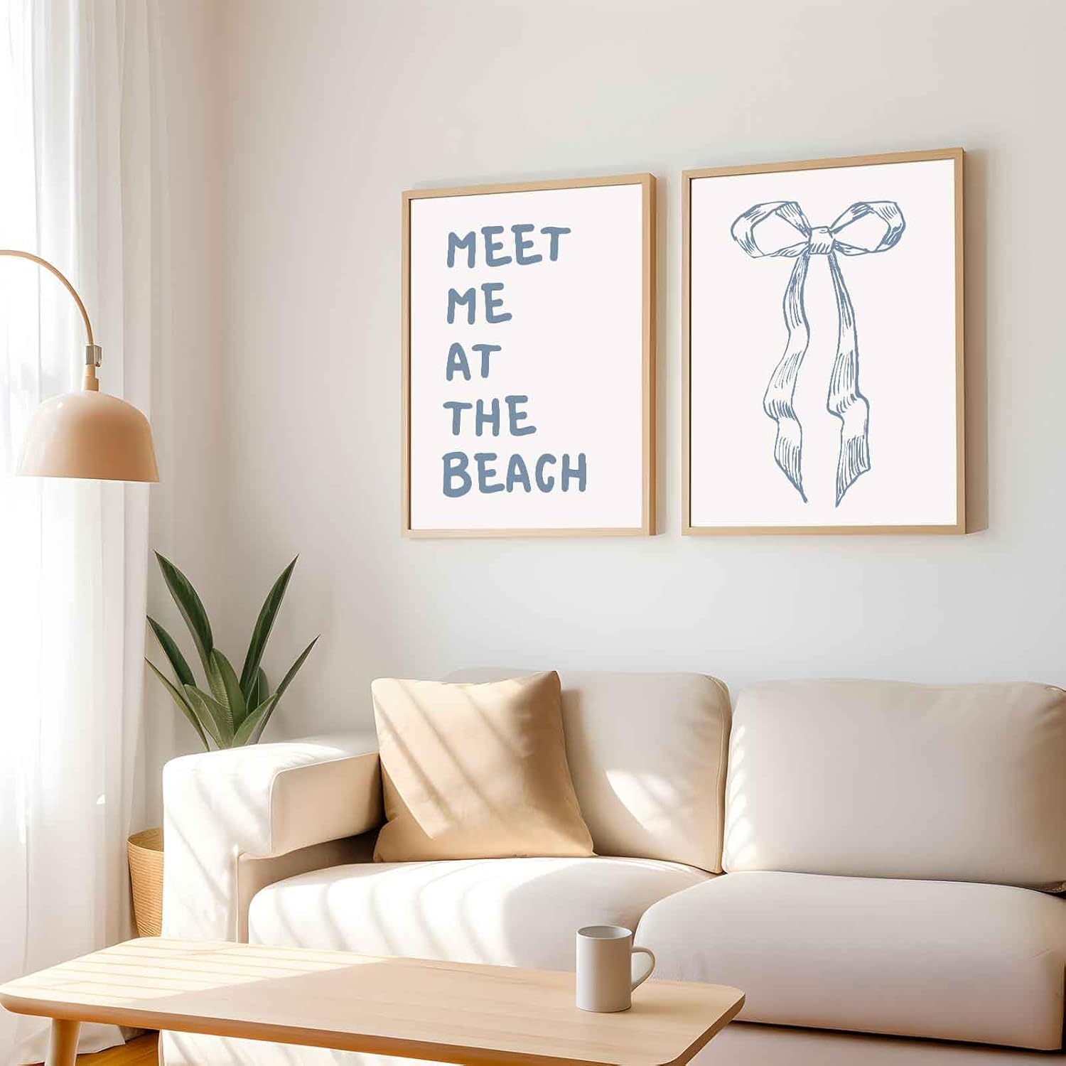 2Pcs Trendy Meet Me at the Beach Wall Art Blue Coastal Granddaughter Hair Bow Prints Beachy Aesthetic Room Decor Posters Preppy Wall Decor Pictures for Girly Dorm Apartment Unframed 12X16In image number 2