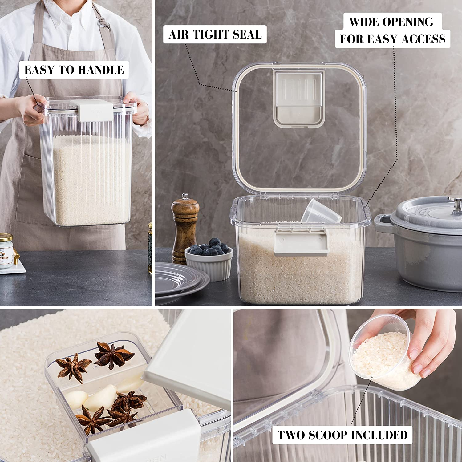 The Good Home&trade; 5 Piece Container Set, Large Airtight Food Storage Container Set of Two, 10KG and 5KG Storage Container Comes with Scoop and 3 Containers for Kitchen and Pantry Organiser image number 4