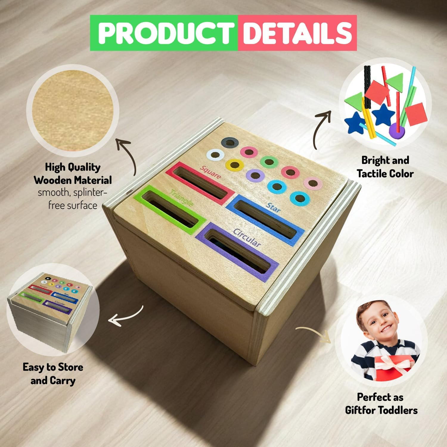 Montessori Wooden Sorting Box Toy - Color Sorting & Matching Sensory Learning Toy for Toddlers & Babies | Educational Fine Motor Skills Development | Safe & Durable Wood image number 2