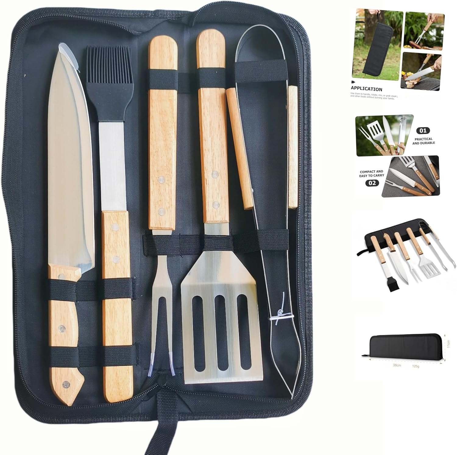 Multifunctional BBQ Grill Tool Set/Barbecue, 5 Pieces with Carry Bag, Stainless Steel Spatula Kit for Outdoor Grilling,Gift for Men Husband,For Camping, Picnic and Party,For Cooking and Kitchen image number 1