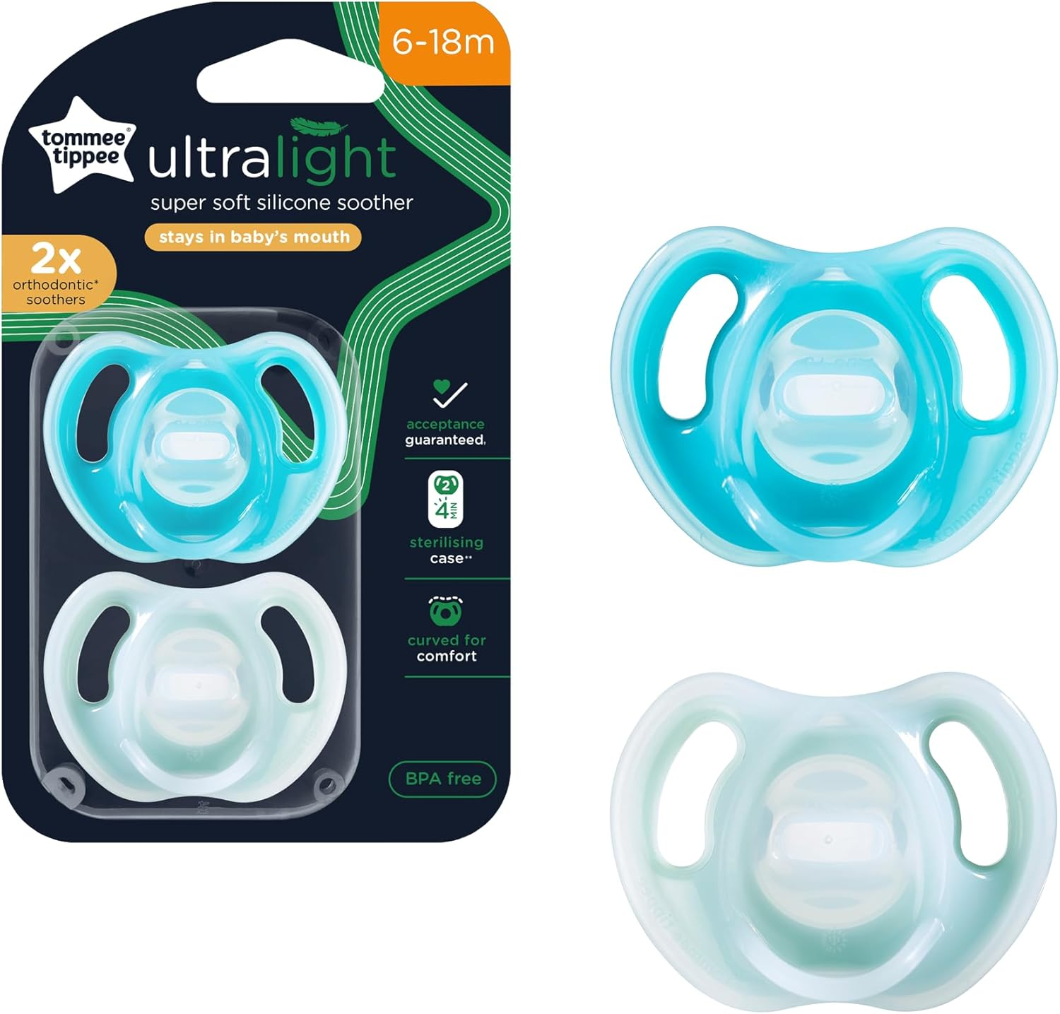 Tommee Tippee Ultra-Light Soothers, 6-18 Months, 2 Pack of One Piece Silicone, BPA Free Soothers, Assorted Colours