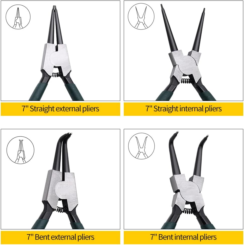 Snap Ring Pliers Set, 4Pcs 7" Internal/External Circlip Pliers Kit with Straight/Bent Jaw, Heavy Duty Precision Spring Loaded Pliers for Ring Remover Retaining and Remove Hoses, Gaskets - 300Pcs Internal Snap Ring+Pliers image number 2