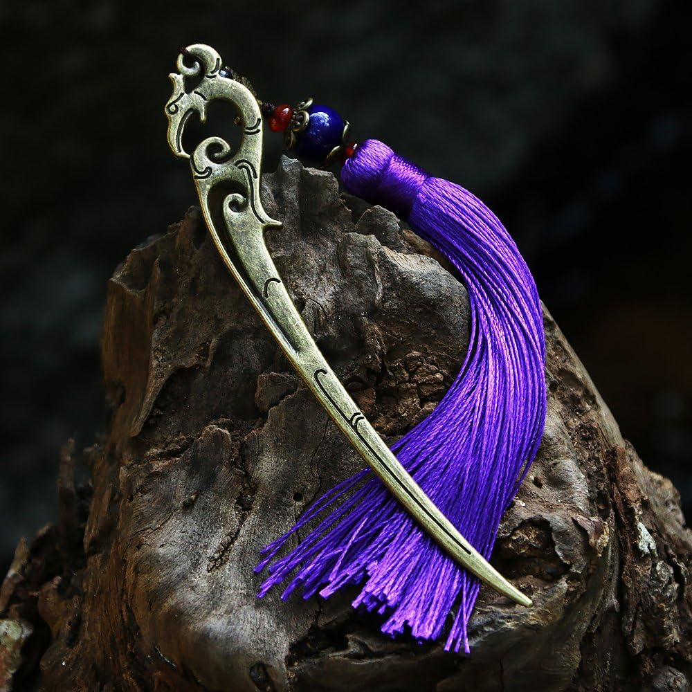 Chinese Metal Bookmarks with Tassel, Vintage Bookmark Unique Classical Ancient Chinese Hairpin Bookmark with Handmade Silky Tassel for Book Lovers Unique Gift