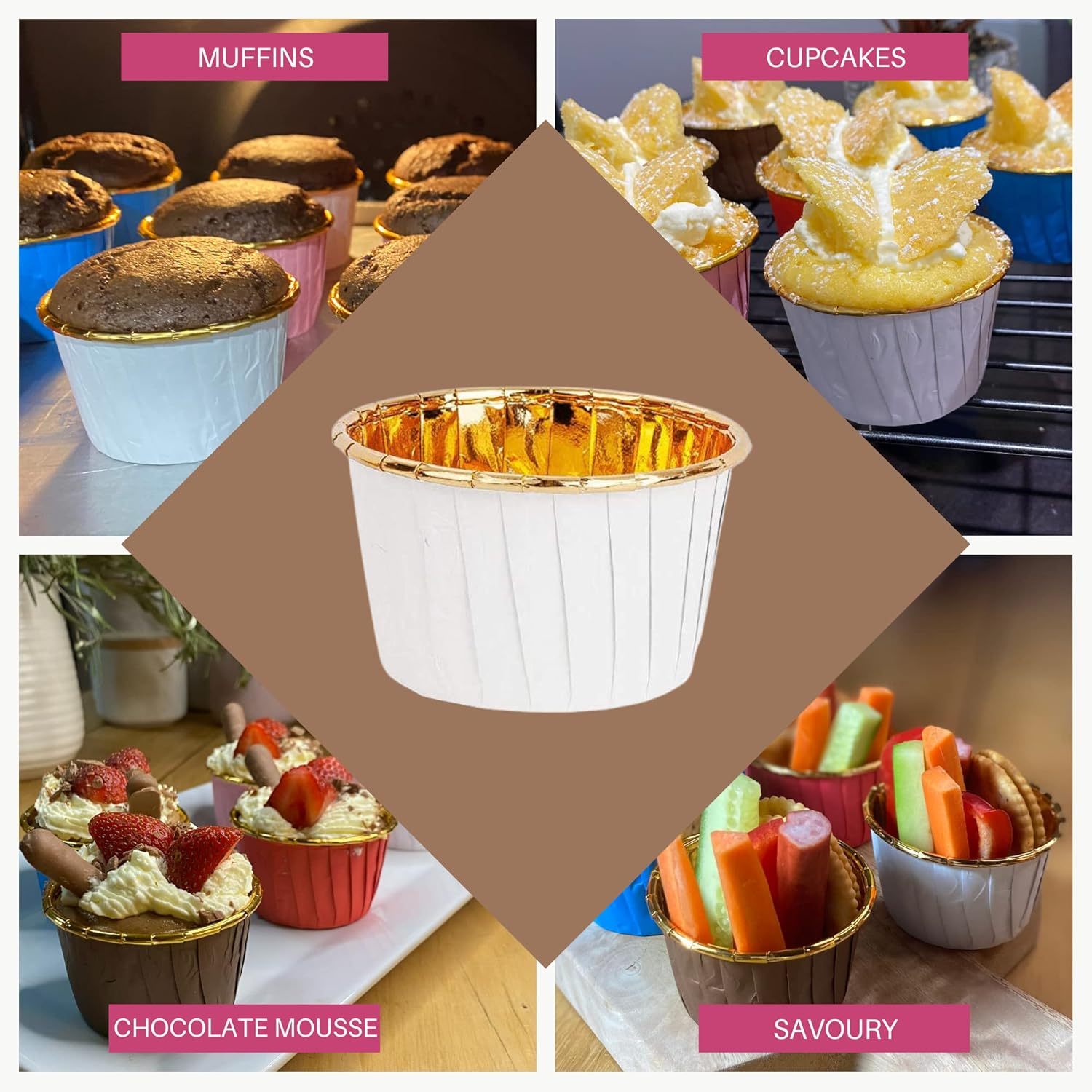 Cupcake Liners - 100 Pieces White Baking Cups &ndash; Cases for Cupcakes, Muffins, Savoury and Desserts - Disposable Gold Foil Lined Wrapper Patty Pans (White) - Blue image number 6