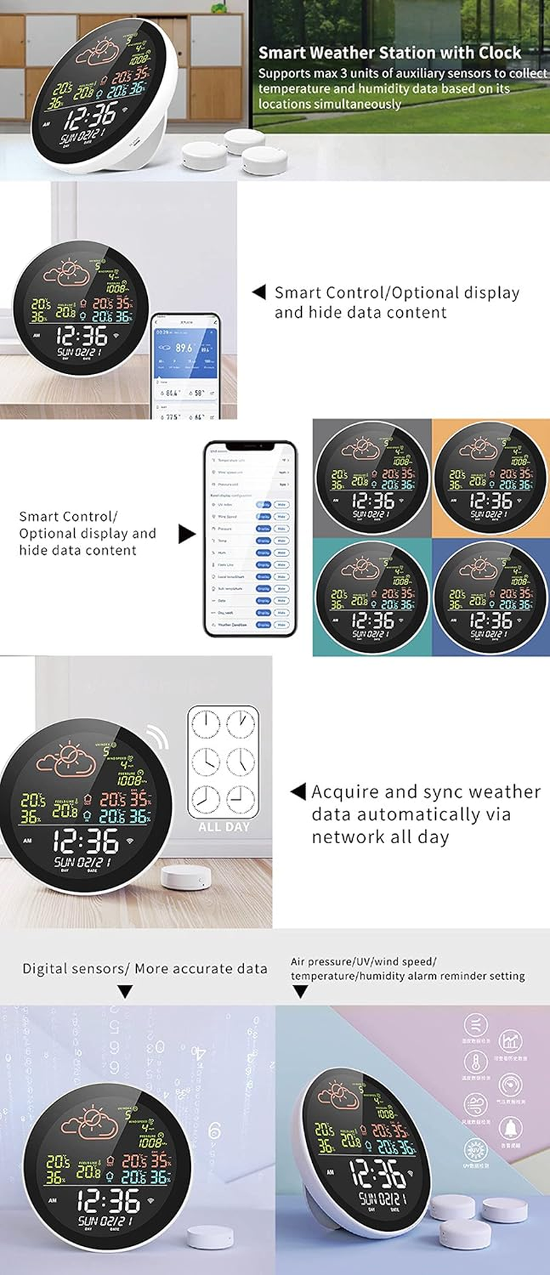 RAYWE Tuya Wifi Smart Weather Station with Clock Indoor and Outdoor Temperature&Humidity Meter Multifunctional Large Color Screen Weather Clock Temp.&Humidity Gauge with 1 Sensor