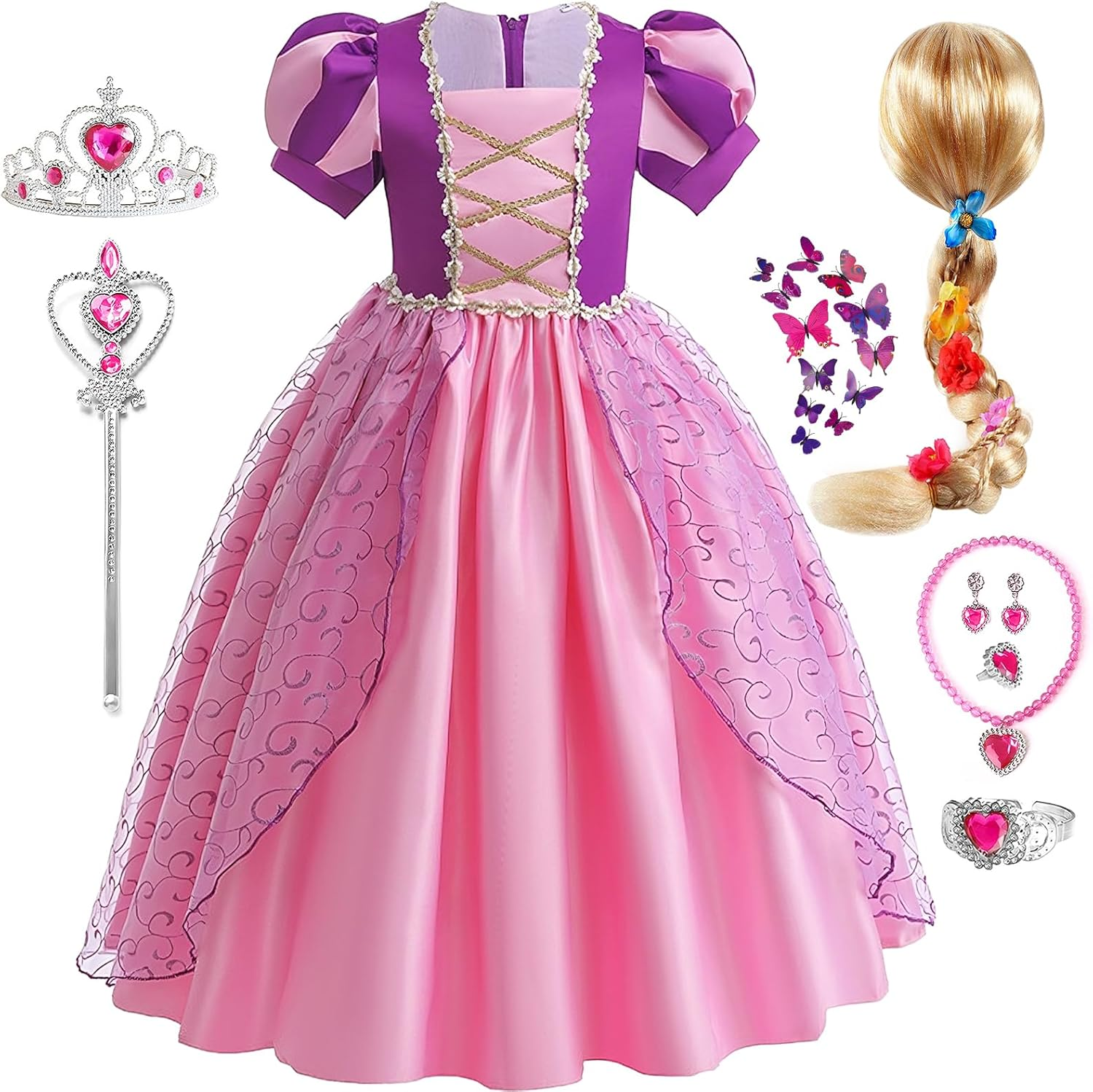 G.C Girls Rapunzel Dress Princess Dress up Costume Toddler Puff Sleeve Dresses Wig Crown Wand Jewelry Cosplay Clothes image number 6