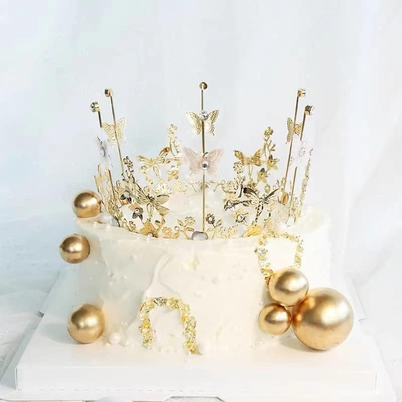 Queen Tiara Crystal Rhinestone Cake Topper for Baby Shower Princess Theme Party Birthday Wedding Christmas Decorations Newborn Photo Prop (Gold)