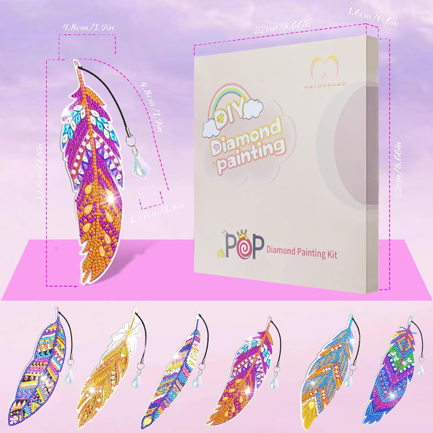MATHARAGO 6 Pcs Diamond Painting Kits for Kids, Feather Bookmark Diamond Art Kits, DIY Crystal Diamond Art for Kids, Enfants, Girls and Women, Diamond Painting Bookmarks with Crystal Pendant (YQ087) image number 4