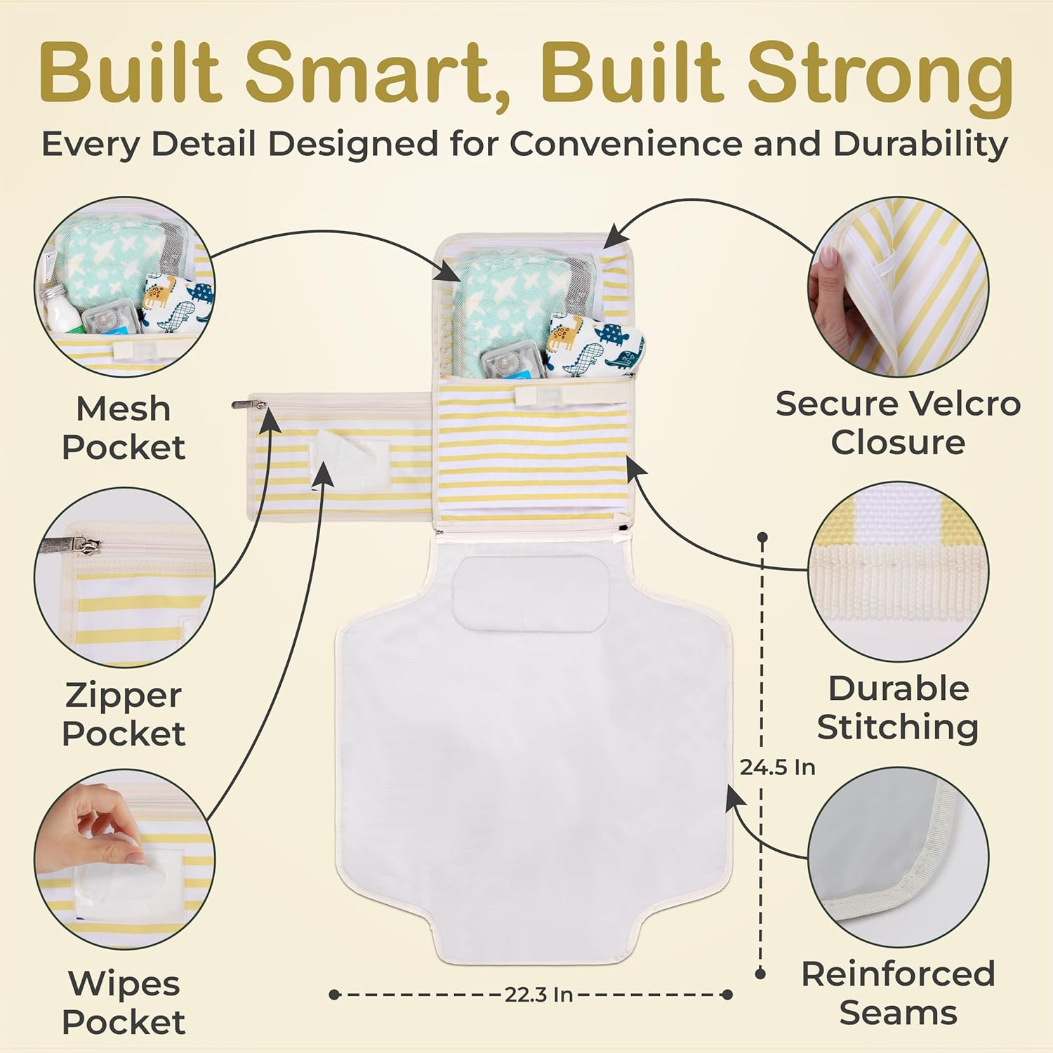 Portable Diaper Changing Pad - Newborn Essentials, Waterproof, Extra Wide & Long, Padded Foldable Wipeable Mat, Travel Bag, Baby Registry Gift, Wipes Pocket, Eco-Friendly (Yellow) image number 3