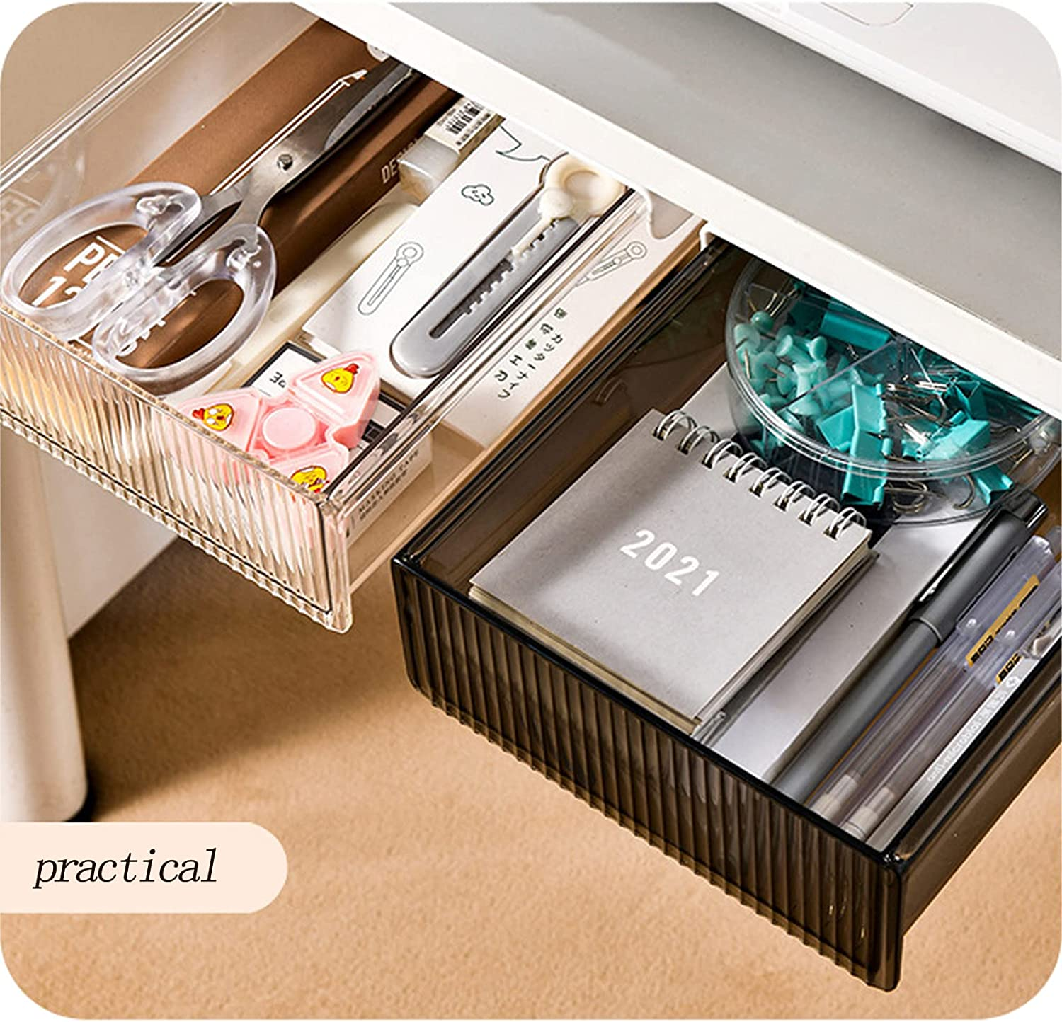 2 Sets Self-Adhesive Slide-Out under Desk Drawer, Hidden Attachable Storage Organizer for Office Home Closet, Clear Plastic Stick-On Drawer for Stationery Supplies (Clear) image number 1