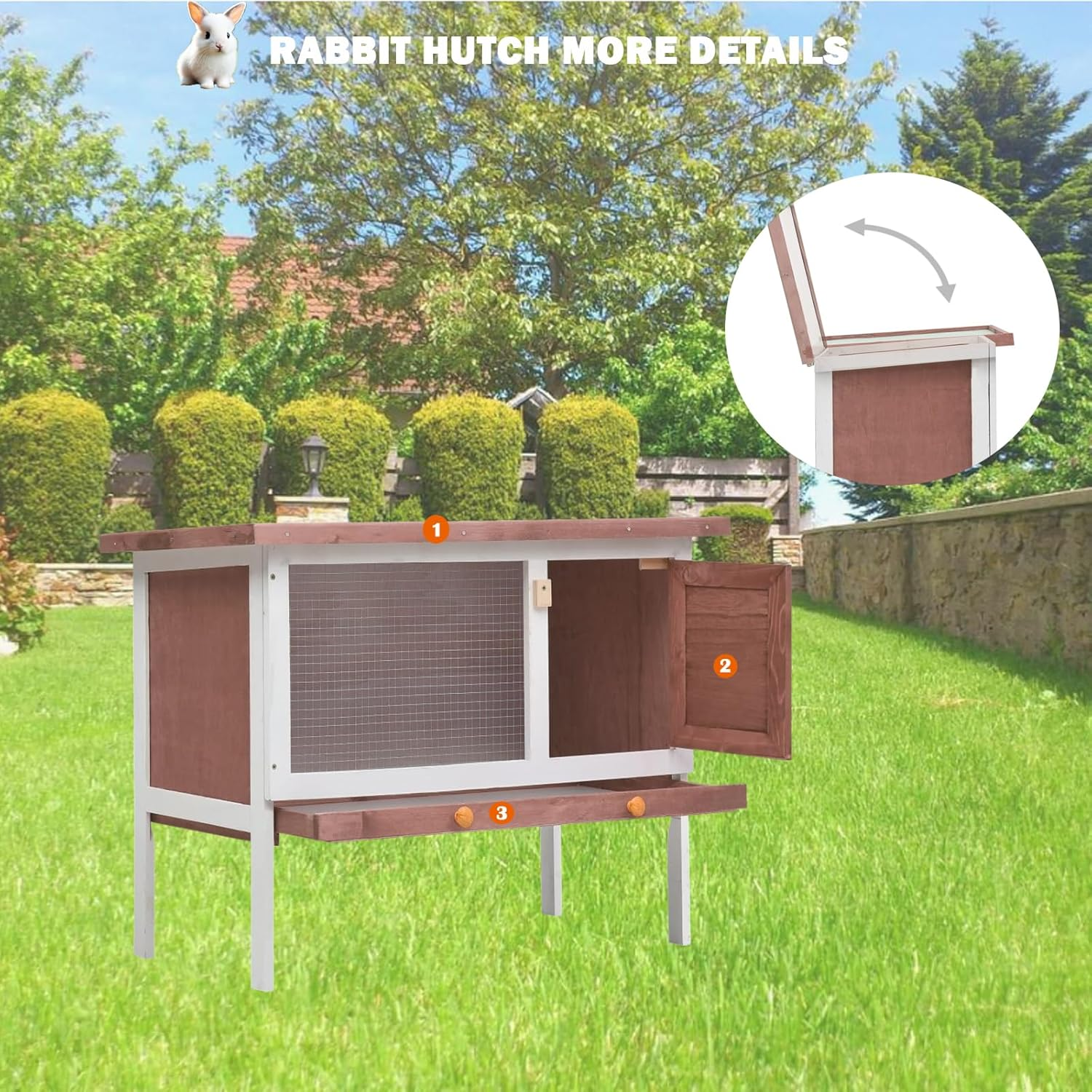 Elevated Wooden Rabbit Hutch, Indoor/Outdoor Bunny Cage with Weatherproof Green Asphalt Roof,Slide Bolt Latch and Removable Tray for Rubbit,Guinea Pig,Hamster (Brown, 90L X 45W X 65H)