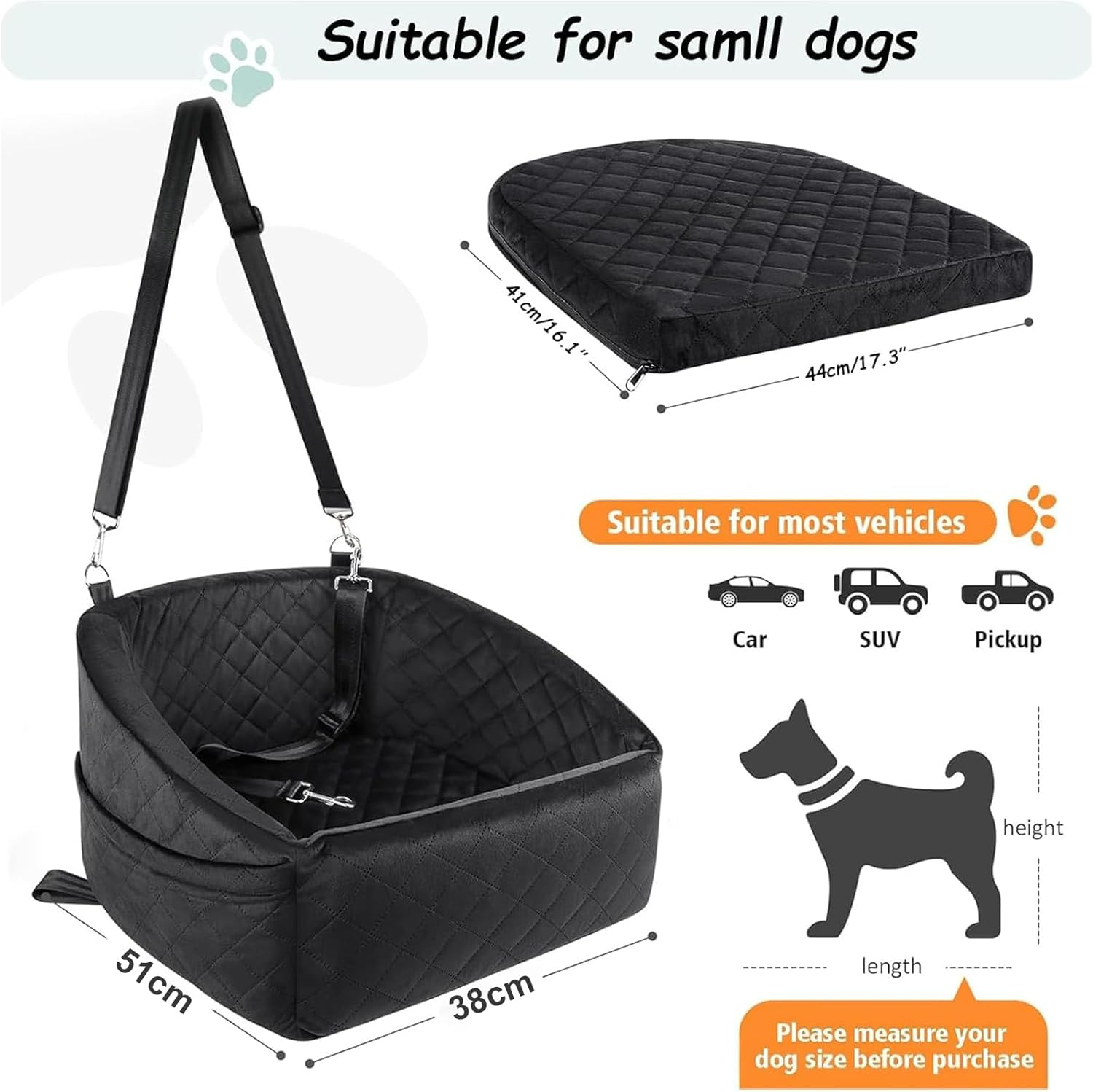 Dog Car Seat for Small Dogs, Portable Dog Car Seat with Storage Pockets, Durable Oxford Fabric Puppy Car Seat Organizer, Easy Install for Cars, Suvs,Black