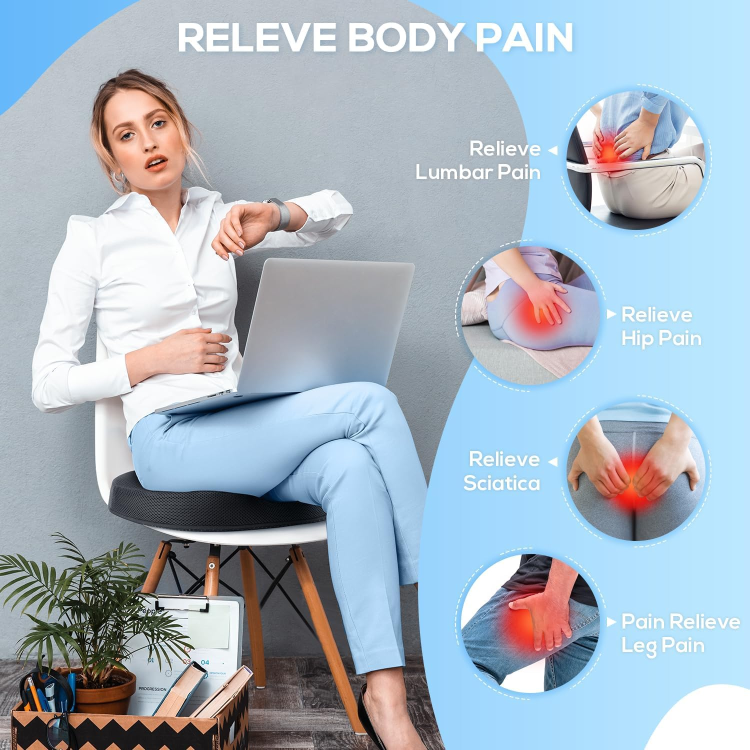 Donut Seat Cushion for Tailbone Pain & Hemorrhoids - Ergonomic Office/Car/Chair Pillow, Coccyx Support, Postpartum & Sciatica Relief, Memory Foam, Black (43X35X7Cm) image number 4