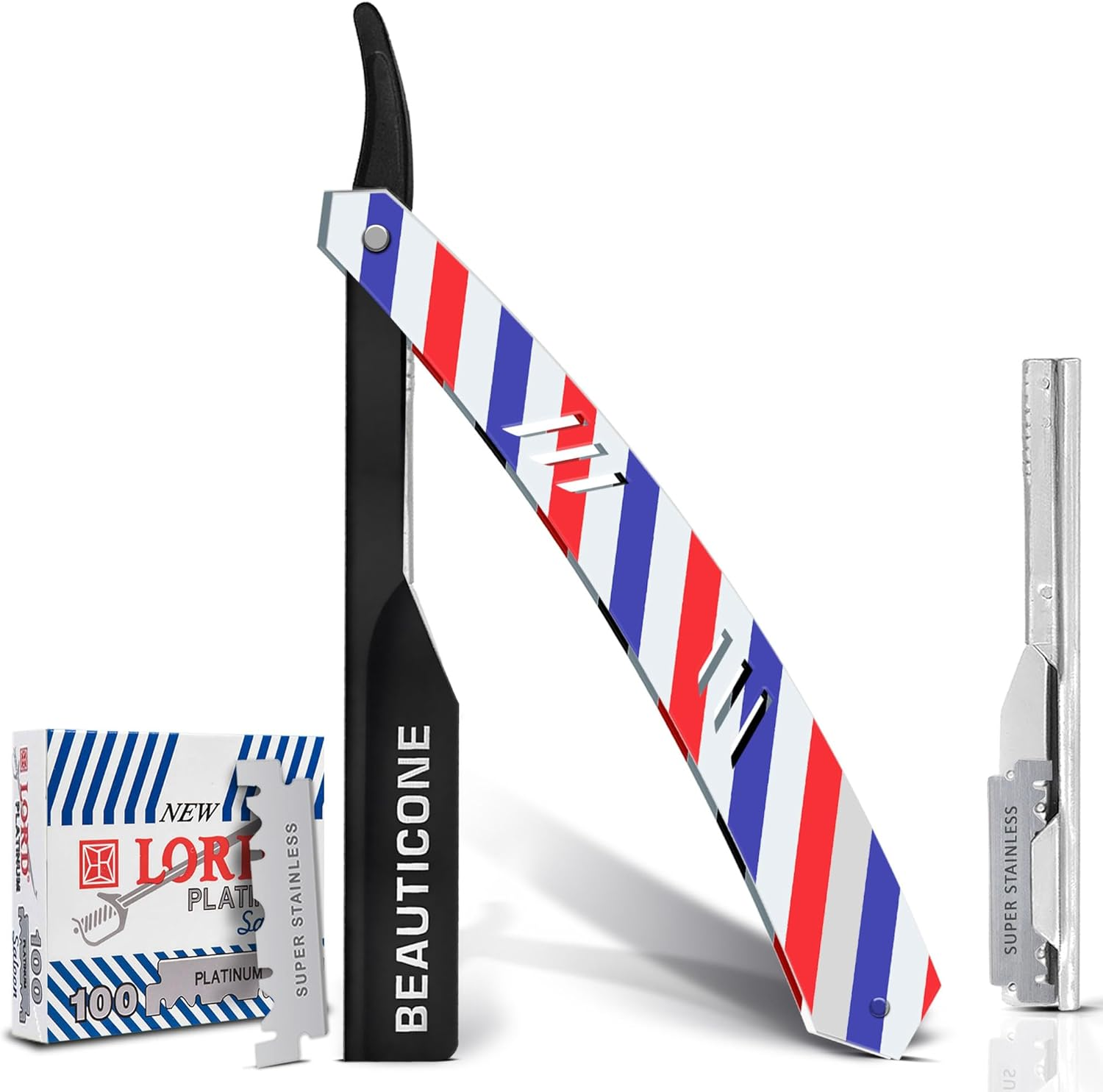 BEAUTICONE Professional Straight Razor for Men with 100 Single Edge Blades | Slide-Out Design (Barber Pole)