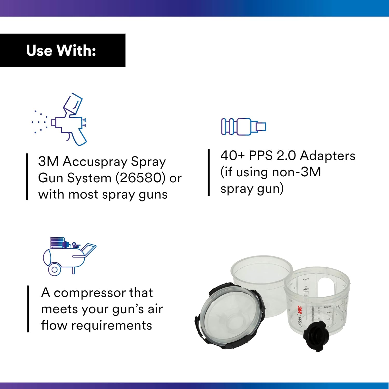 3M PPS 2.0 Spray Gun Cup, Lids and Liners Kit, 26114, Mini, 6 Ounces, 200-Micron Filter, Use for Cars, Furniture, House and More, 1 Paint Cup, 50 Disposable Lids and Liners, 32 Sealing Plugs, White image number 6