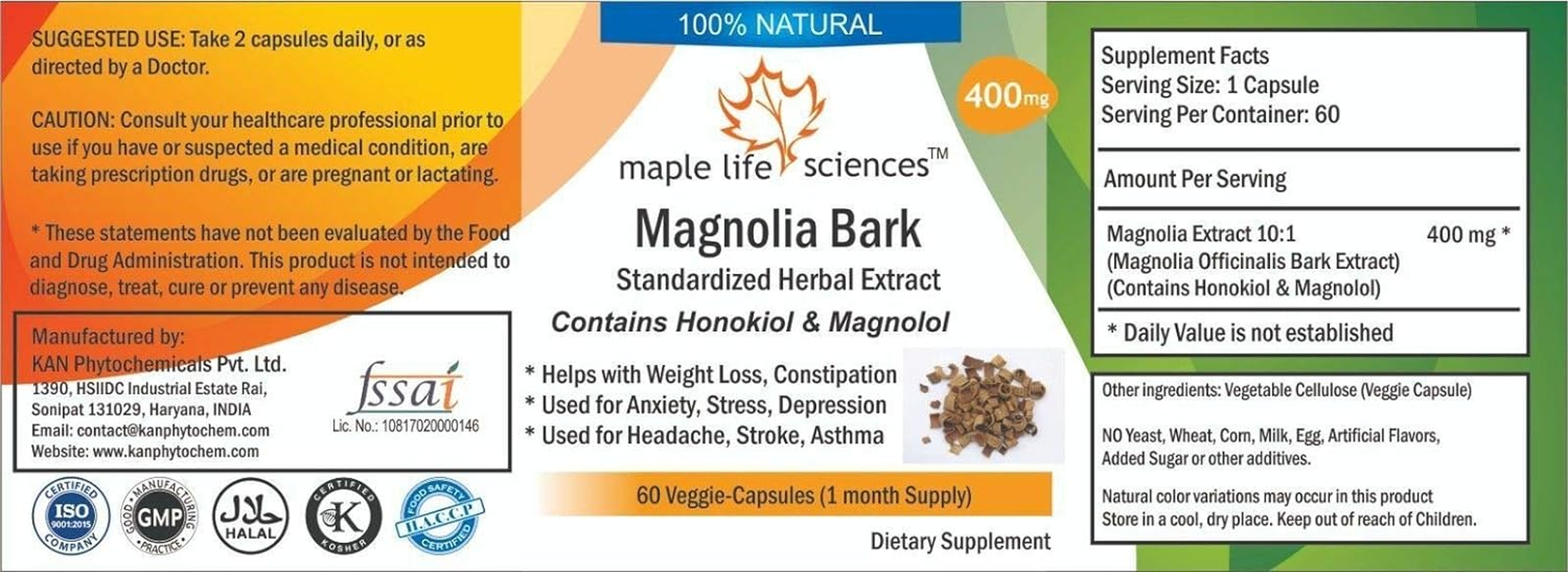 Magnolia Bark 10:1 Extract - 400Mg - 60 Vegan Capsules - Reduces Stress and Anxiety image number 1