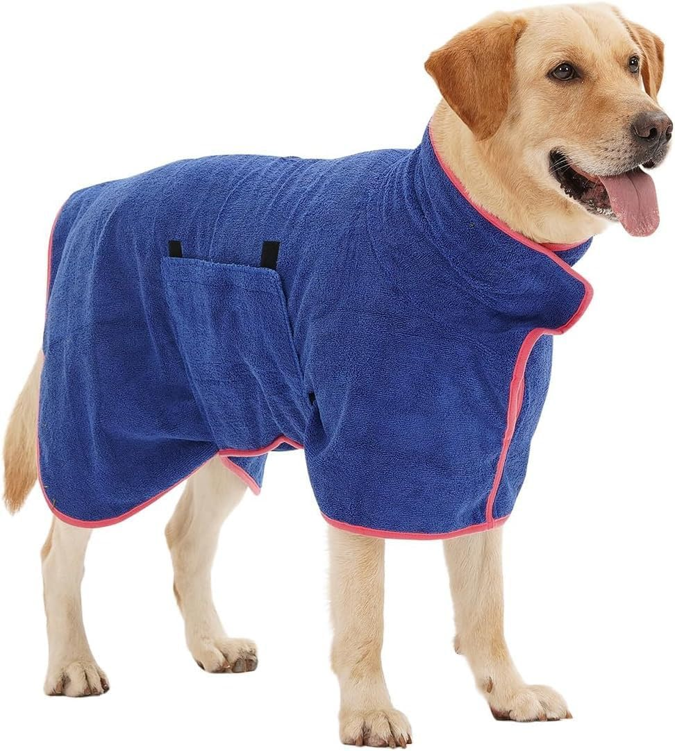 Dark Blue Dog Bathrobe, Quick Drying, Super Absorbent & Warm - Keeping Supplies for Dogs after Bath (Medium Size)