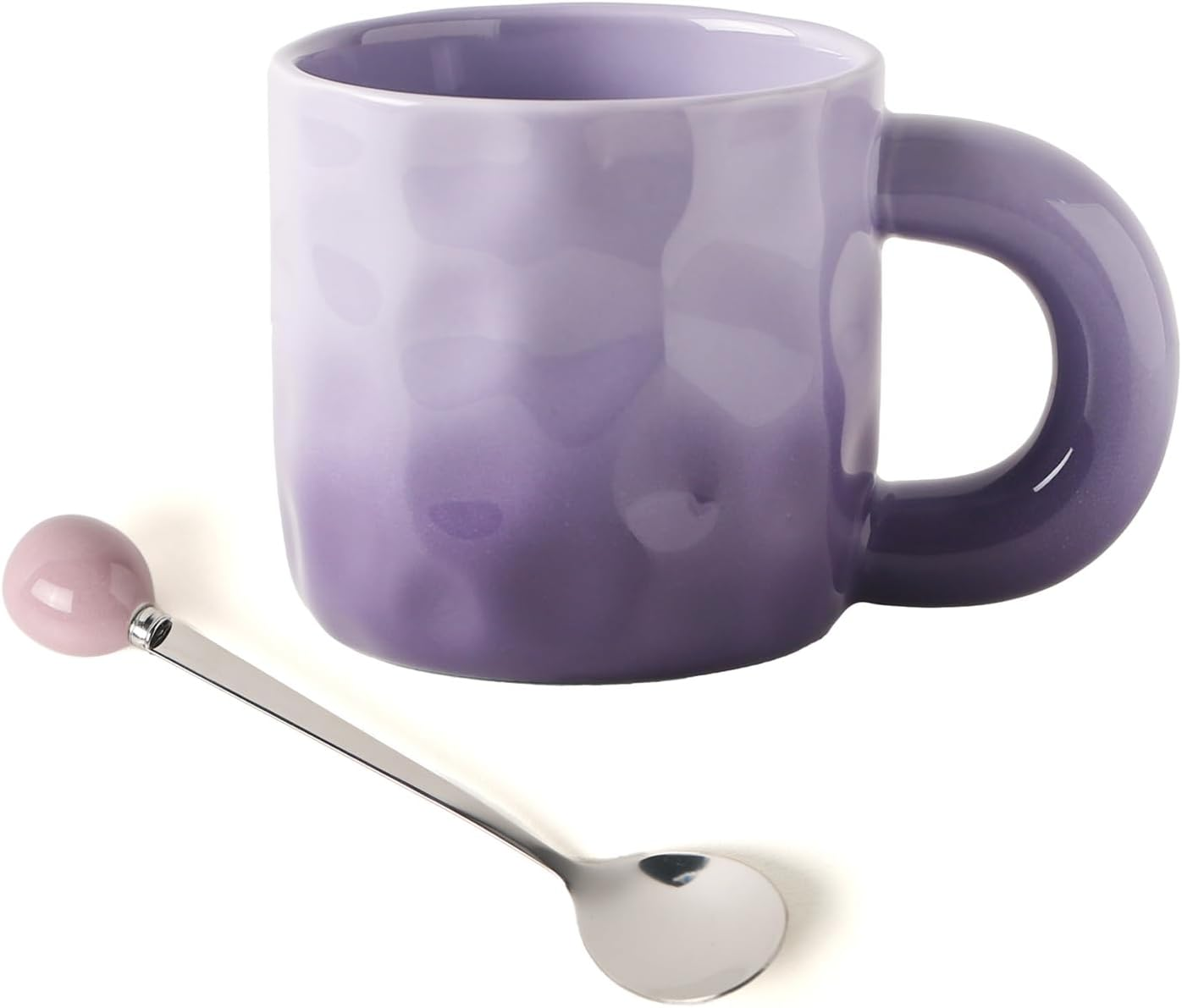 TREEWOO Creative Gradient Macaroon Color Ceramic Handmade Coffee Mug with Chubby Handle and Spoon Cute Breakfast Coffee Milk Cup for Family Friend (Green)