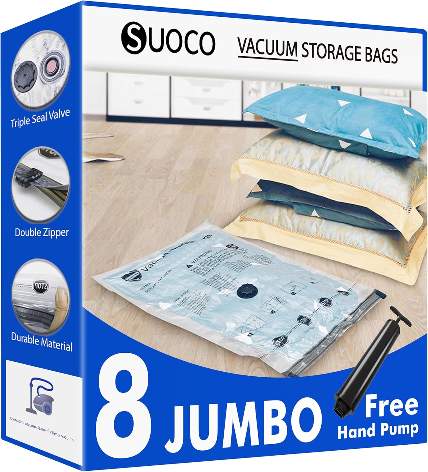 Vacuum Storage Bags 8 Jumbo, Space Saver Bags with Travel Hand Pump, Compression Airtight Sealer Bags for Clothes, Bedding, Pillows, Comforters, Blankets image number 4
