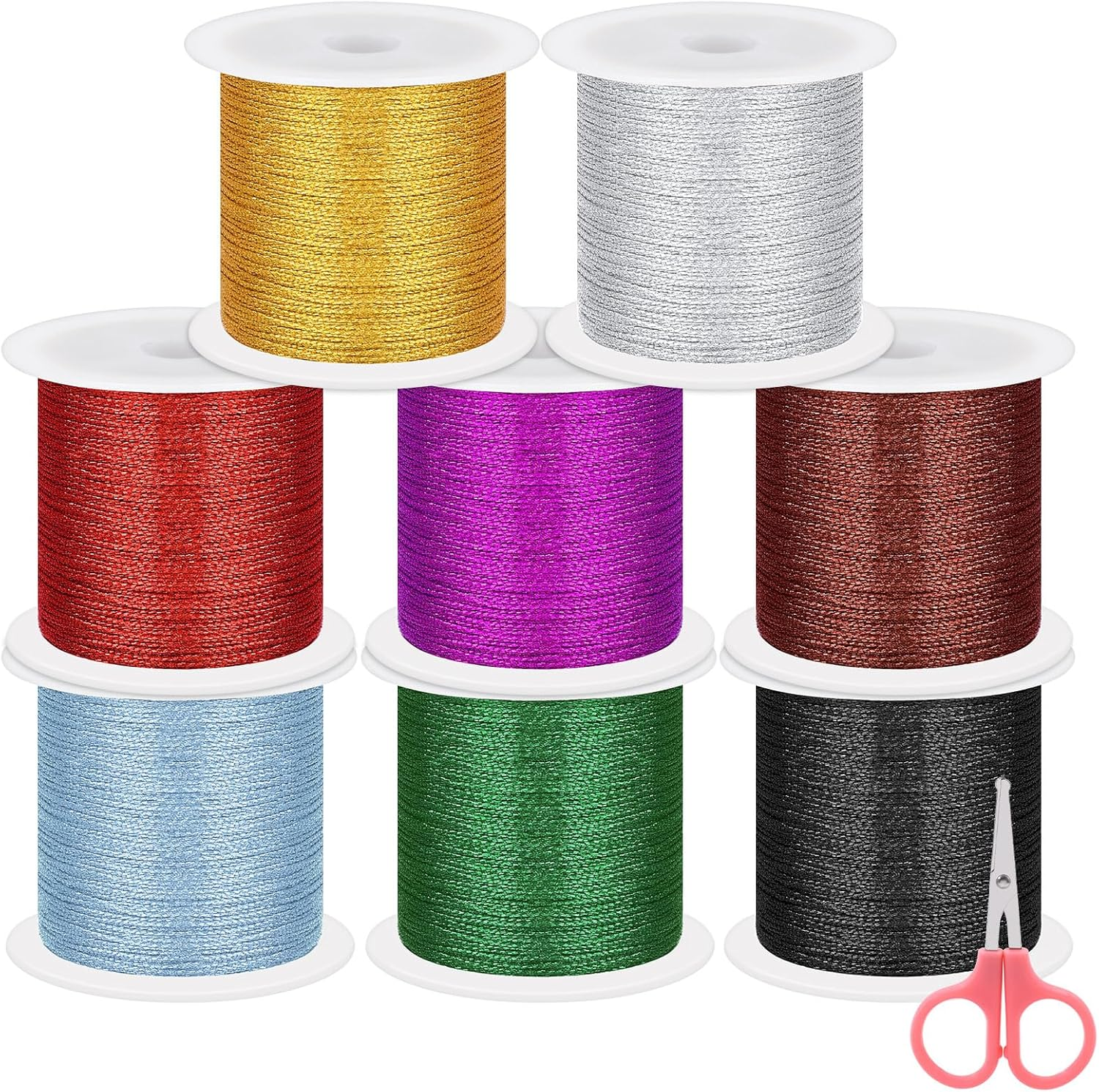 Swpeet 9Pcs 8 Colors 55 Yards Metallic Elastic Cords with Scissors, Metallic Cord Tinsel Rope, Metallic Stretch Cords Elastic Cords Ribbon for Craft Gift Wrapping Christmas Jewelry Making image number 5