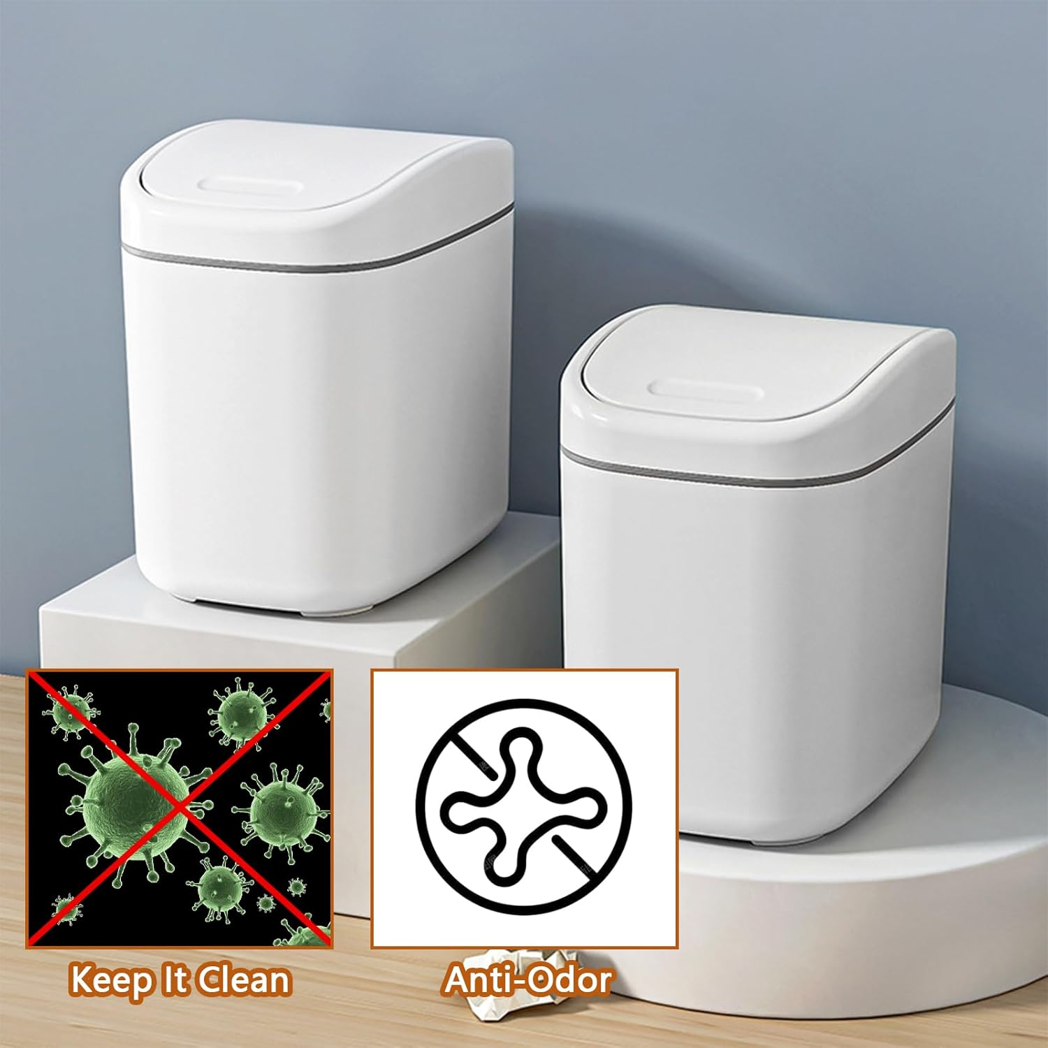 Desktop Trash Can with Lid Table Trash Basket Bedside Plastic Waste Paper Basket Mini Trash Bin for Car Wastebasket for Coffee Shop (White) image number 3