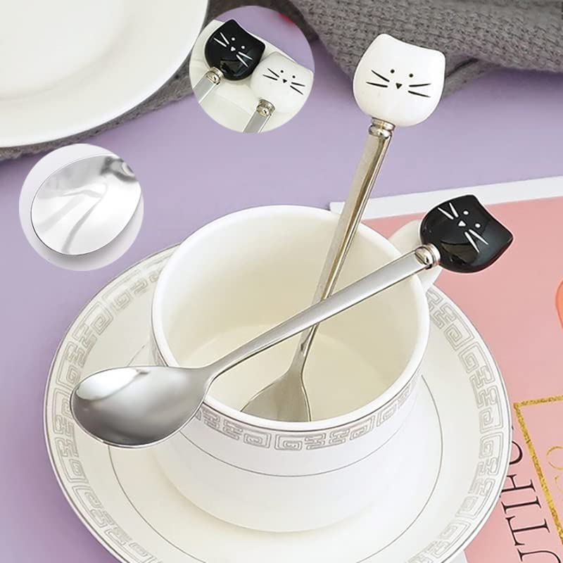 Cute Cat Spoon for Tea Coffee Ceramic Stainless Steel Spoons for Cat Lover Cat Food Spoon for Wet Food Cat Themed Gifts for Couples Wedding House Warming Gifts 2Pcs image number 5