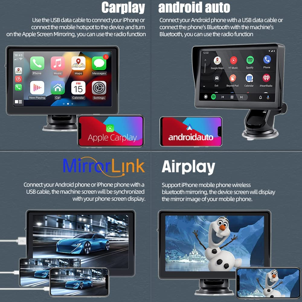 Portable Wireless Apple Carplayer & Android Auto 7 Inch Car Monitor Radio for All Cars Dashboard Mounted Car Stereo Support Bluetooth 5.0 Mirror Link FM Transmitter USB TF image number 6