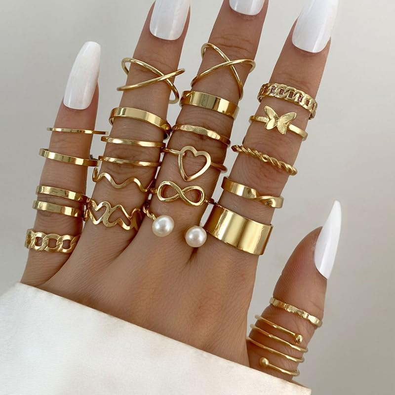 Gold Knuckle Rings Set for Women Pearl Butterfly Heart Ring for Girls Boho Stackable Rings Midi Finger Ring Adjustable Statement Rings 22Pcs image number 4