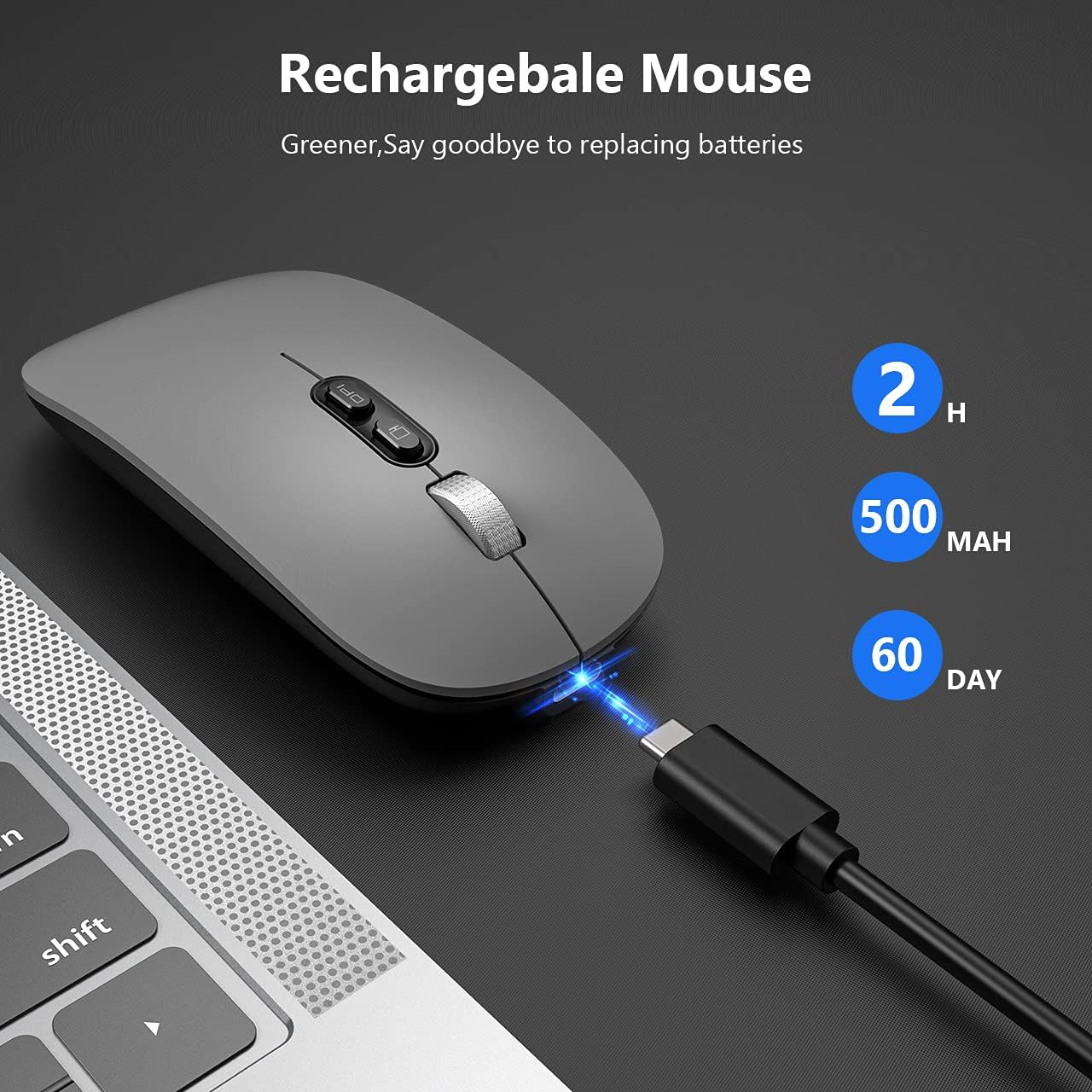 Bluetooth Mouse, Akrobo Rechargeable Wireless Mouse with Dual Mode (Bluetooth 5.1 + 2.4G Wireless),Ergonomic Portable Silent Computer Mouse for Laptop Android Windows Mac OS, Gray