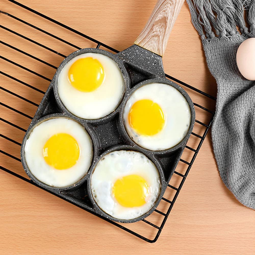 4-Cup Non-Stick Egg Frying Aluminum Alloy Pan,Omelette Egg Pan Pancake,Wooden Handle,Cookware for Gas or Induction Stoves