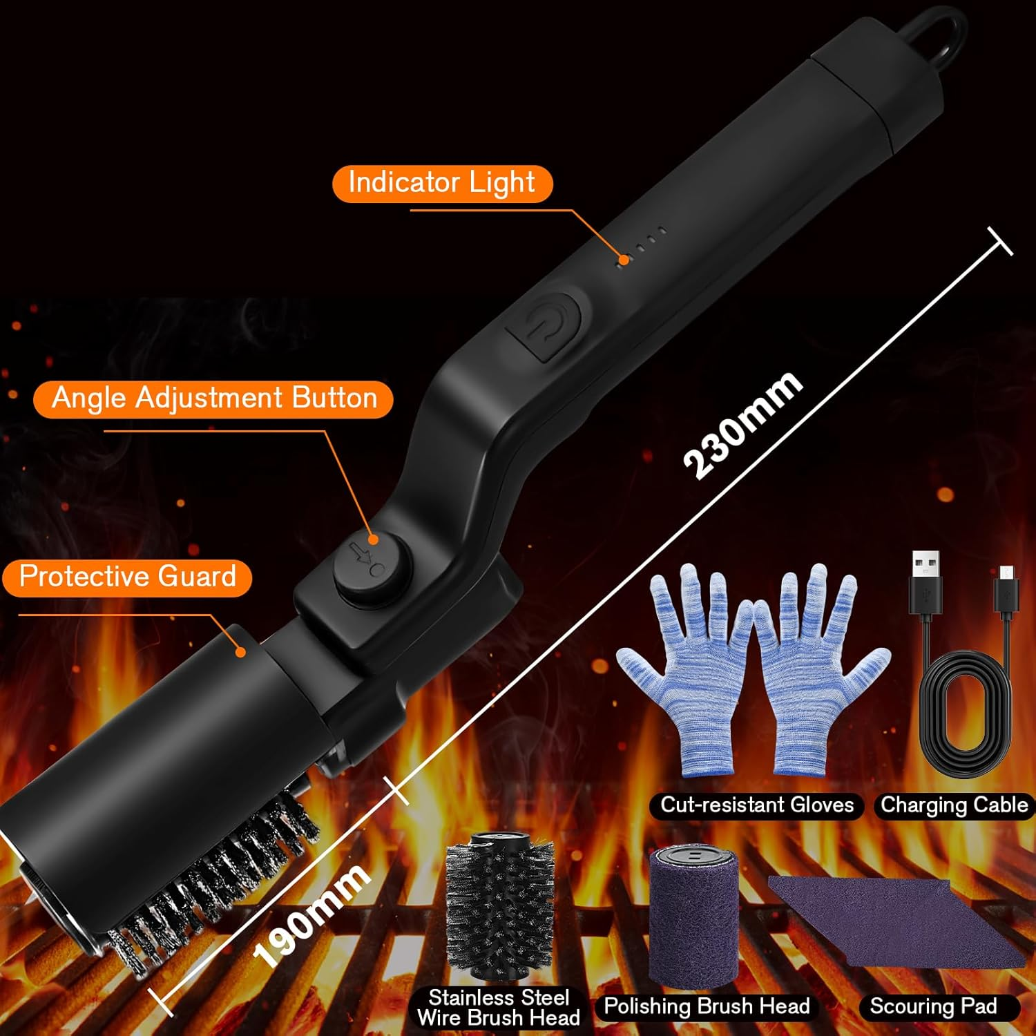 Electric BBQ Grill Cleaner Brush with Scraper, 3-Speed Power Scrubbing with 180&deg; Adjustable Head, Rechargeable and Replaceable Brush Heads for Outdoor Grills Cleaning, Max 400RPM image number 4