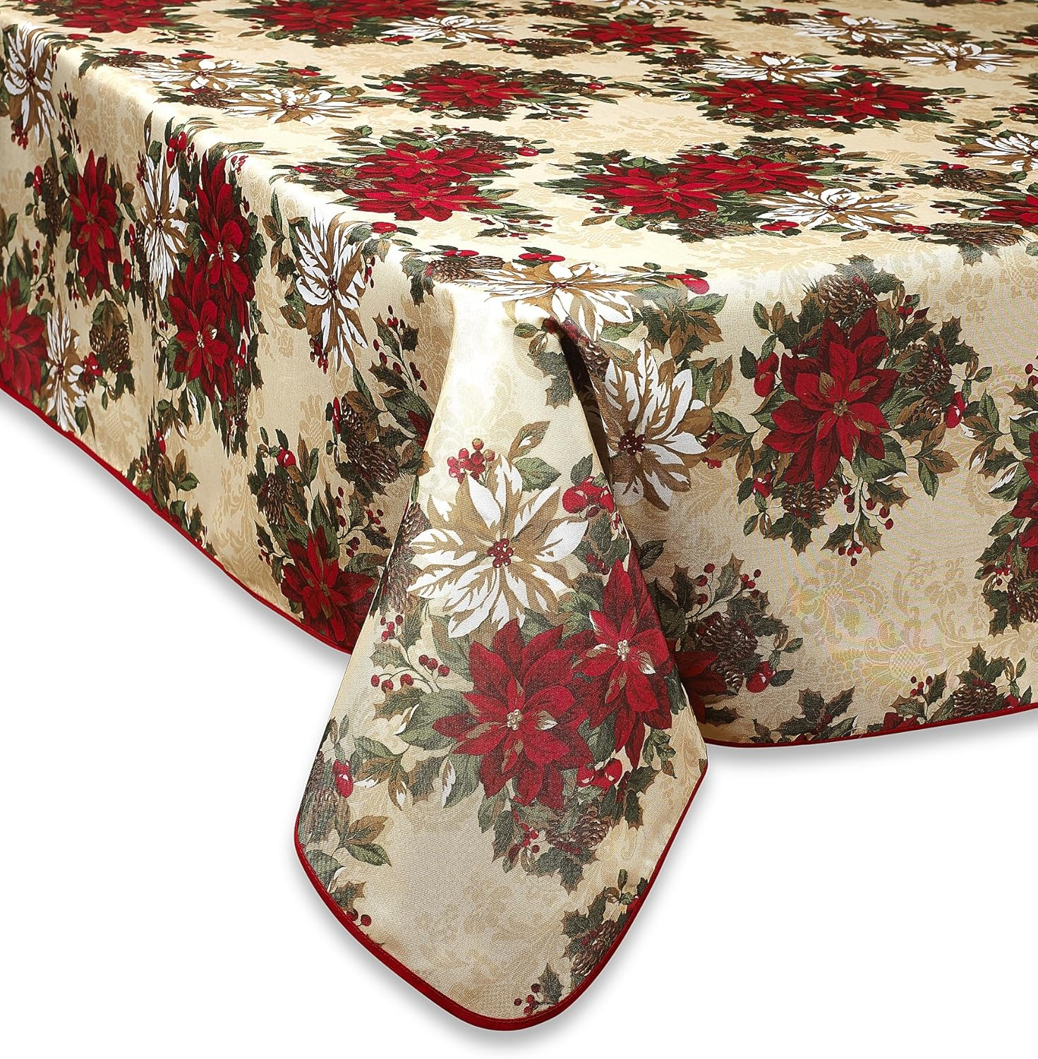 Violet Linen European Holiday Christmas Poinsettia Garden Design Printed Tablecloth - Beige - 60" by 102" Oblong/Rectangle image number 1