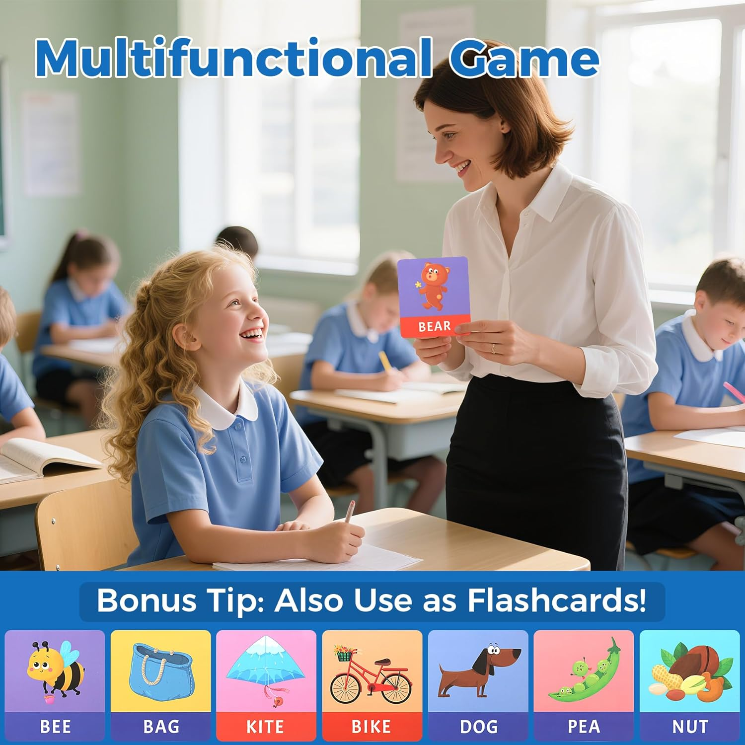 Wooden Learning Games for Kids Ages 3-8, Matching Letter Game with Spelling Flash Cards for Toddler, Early Learning Educational Toys for Children, Birthday Party Gifts for Son and Daughter, Blue image number 2