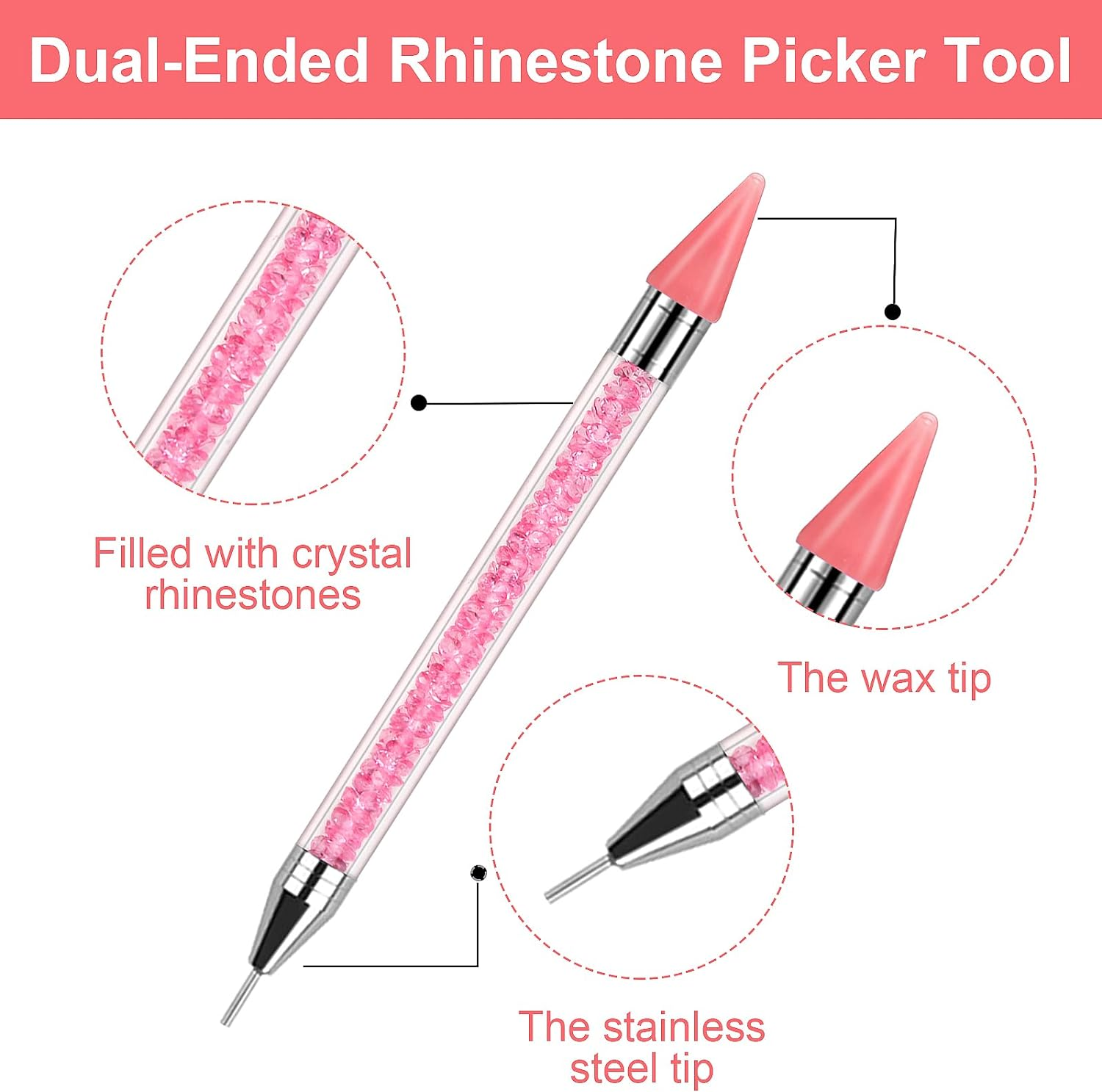Erinde Dual-Ended Rhinestone Picker Tool, Acrylic Handle Wax Pencil, Diamond Painting Dotting Pen for DIY Nail Art with 2 Extra Tips, Pink image number 4