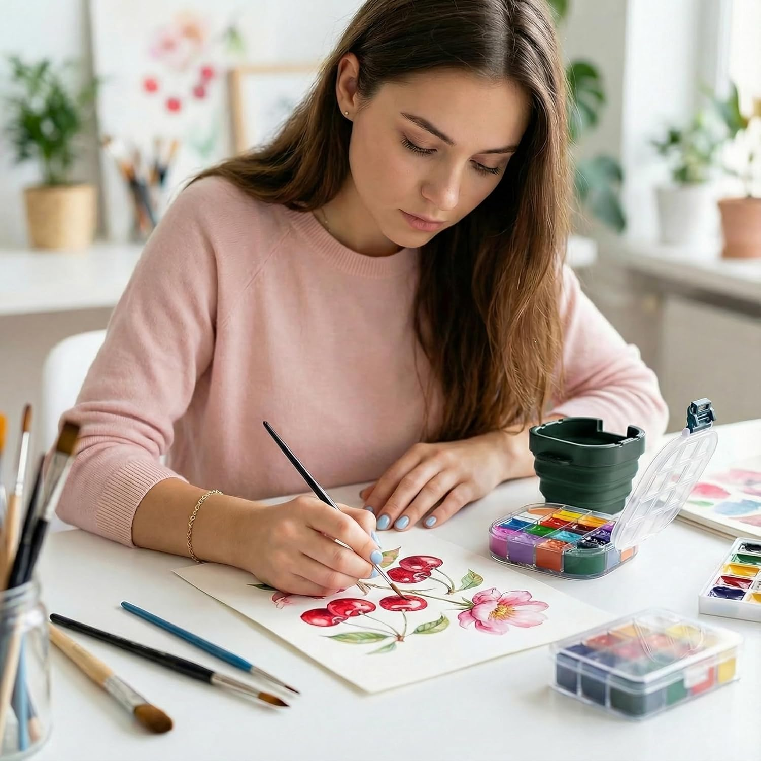 5.3 X 4.4 Inches Airtight Paint Palette Box, Valuable Container Combines Cleaning Brush Basin and Brush Holder, Using for Beginners Learning Art Project Workshops Outdoor Painting (Green) image number 7