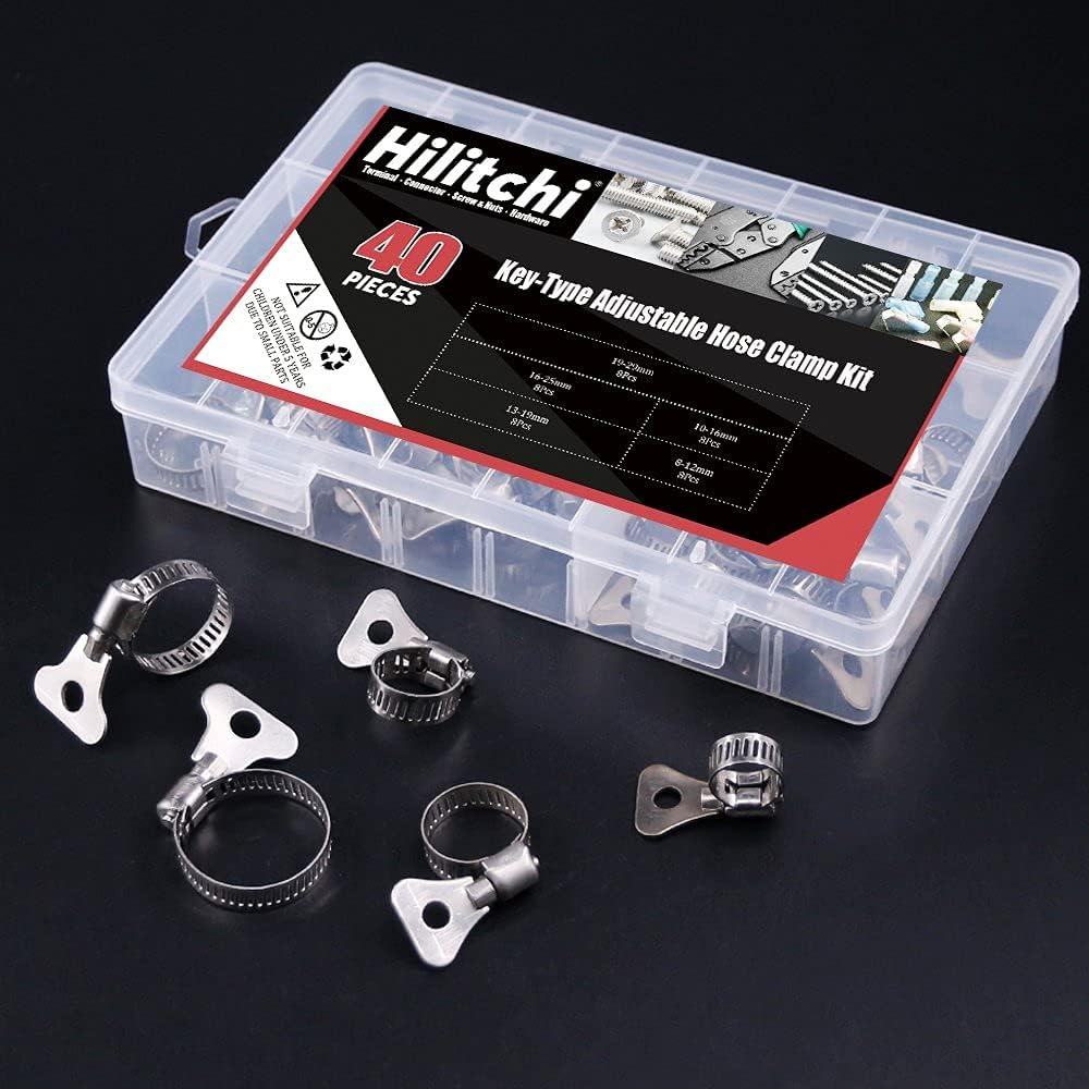 Hilitchi 40-Pcs 8-29Mm Clamping Range Butterfly Key-Type Adjustable Hose Pipe Worm Gear Clamps Assortment Kit, Clamps Ideal for Plumbing, Automotive - - 304 Stainless Steel image number 1