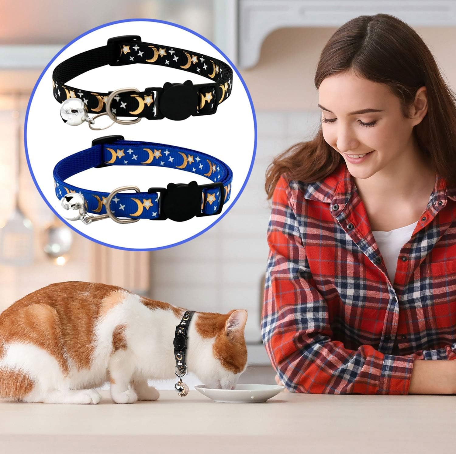 2PCS Glow in the Dark Cat Collars with Bell - Adjustable Breakaway Kitten Collars, Safe Stretch Clasp, Cute Moons & Stars Pendant for Indoor/Outdoor Cats image number 4