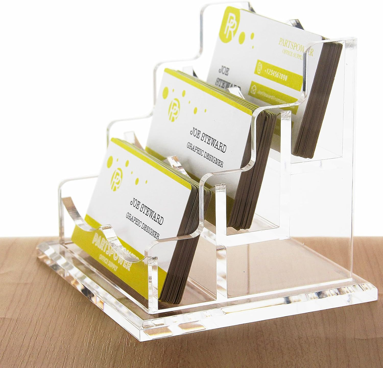 PARTSPOWER Acrylic Business Card Holder for Desk, Horizontal Clear Business Name Card Display Stand, Desk Accessory Business Name Card Organizer (Horizontal, 3-Slot) image number 1