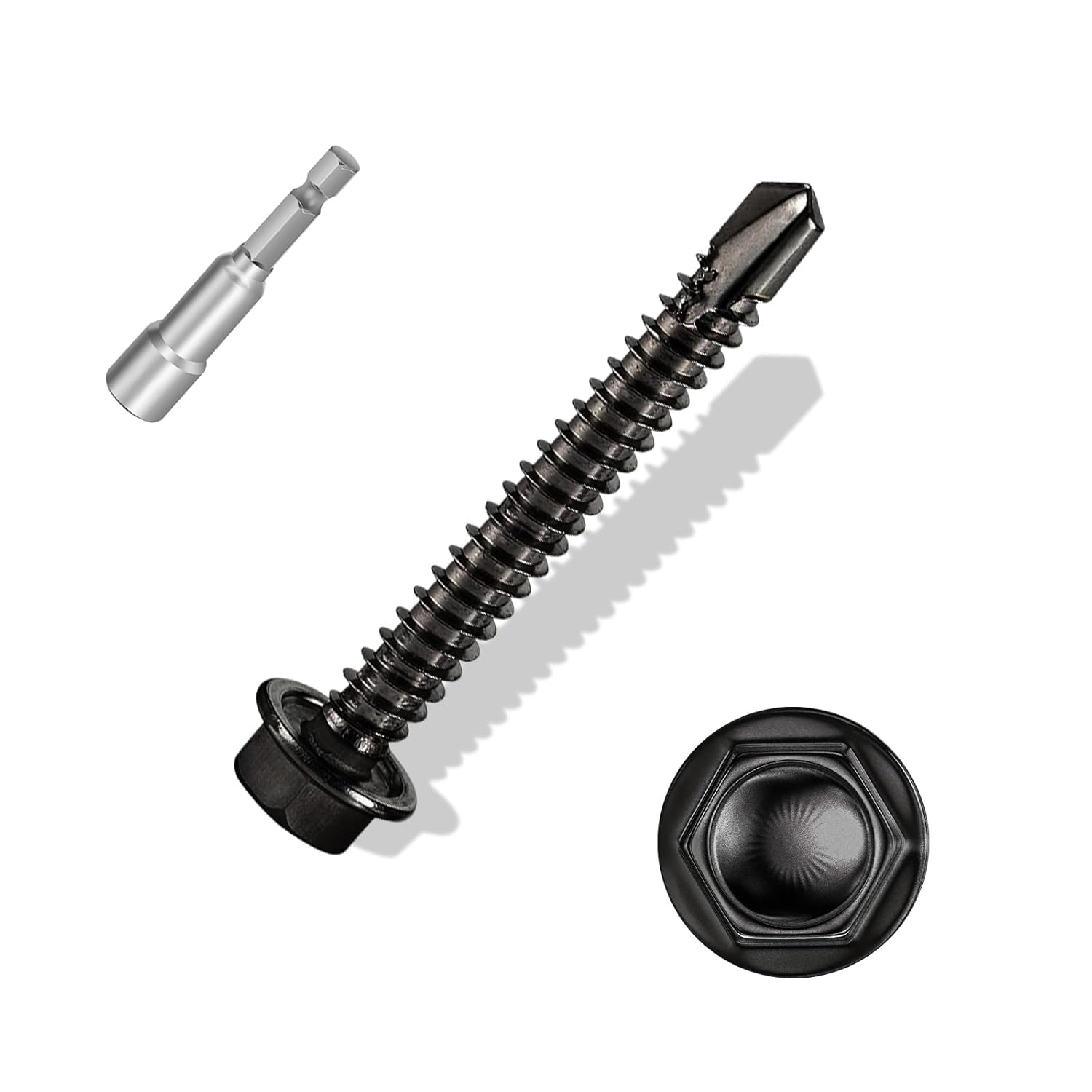 #8&times;1-1/4&Prime; (100Pcs) 410 Stainless Steel Black Self Drilling Screws, Hex Washer Head Fast Self Tapping Screws image number 6