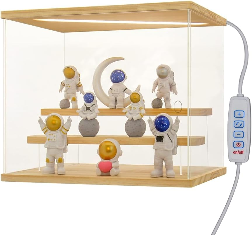 Clear Acrylic Display Case with 3-Color Light,4 Level Stand Display Box with Wooden Base Countertop Dustproof Showcase for Display Collectible Pop Figures and Toys,Toys Not (4 Tier Black)