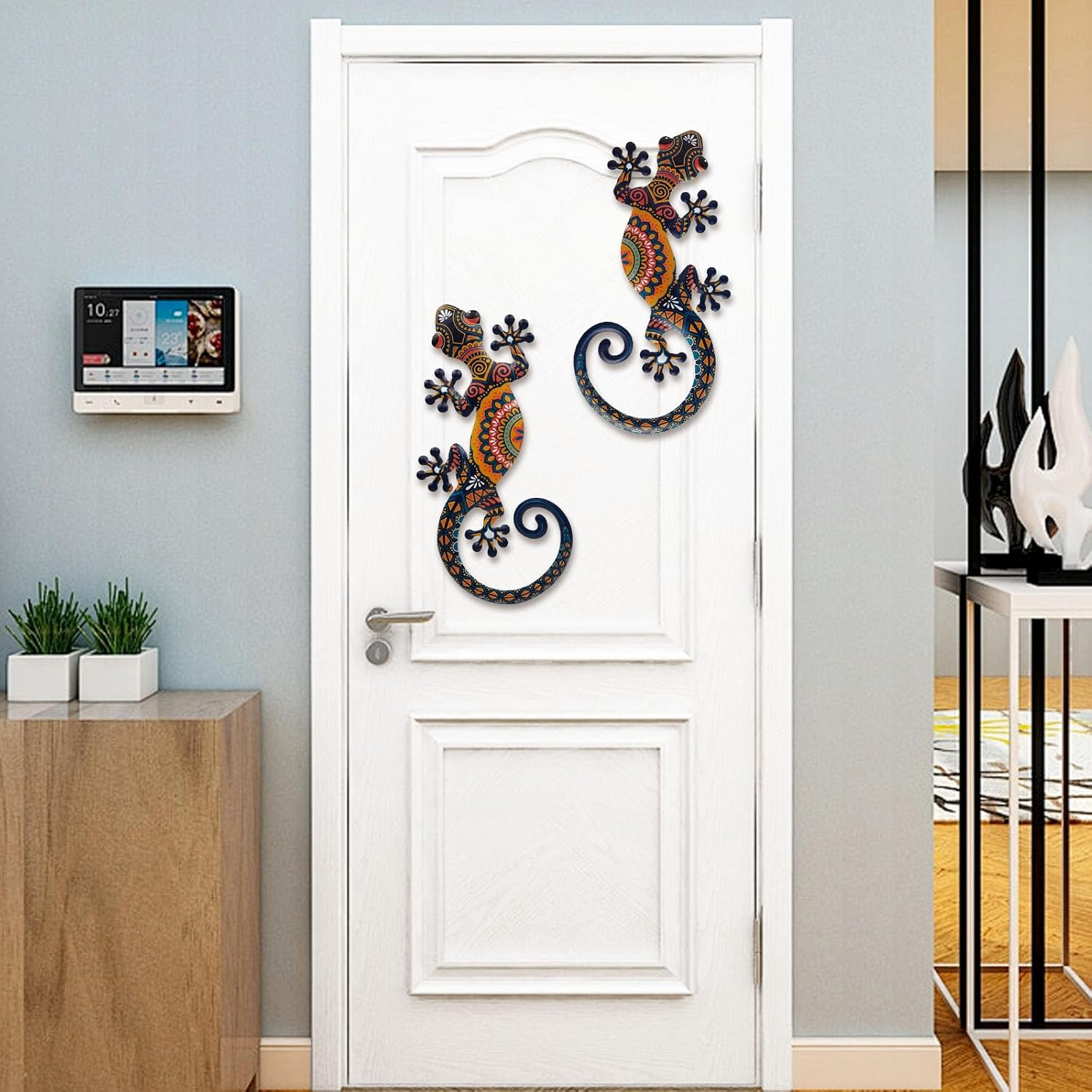 Metal Lizard Gecko Wall Art - 2 Pack 15 Inch Metal Wall Decor, Lizard Outdoor Hanging Glass Sculpture Decoration for Yard Garden Art, Patio Fence Home, Unique Gift Ideas image number 1